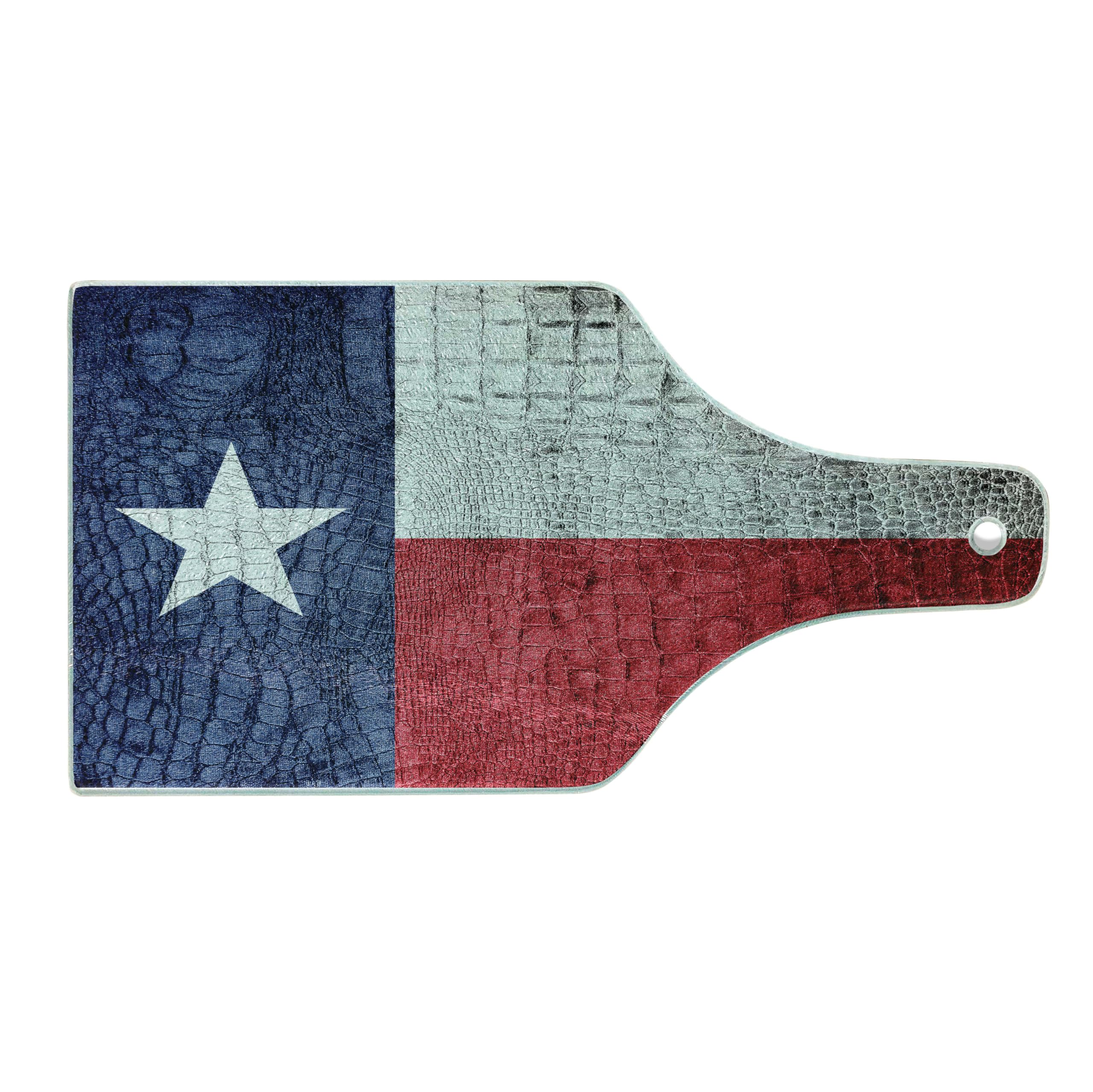 Texas State Flag Crocodile Snake Skin Tempered Glass Cutting Board - Patriotic Wine Bottle Shape Serving Board for Kitchen, BBQ, Party Decor - Ruby Dark Blue White Design