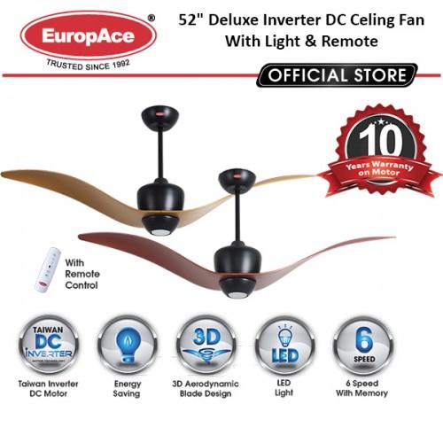 EuropAce ECF7521S 52 Inch Deluxe Inverter DC Ceiling Fan with LED Light & Remote Control - Energy Efficient Quiet Cooling for Bedroom, Living Room & Outdoor Patio