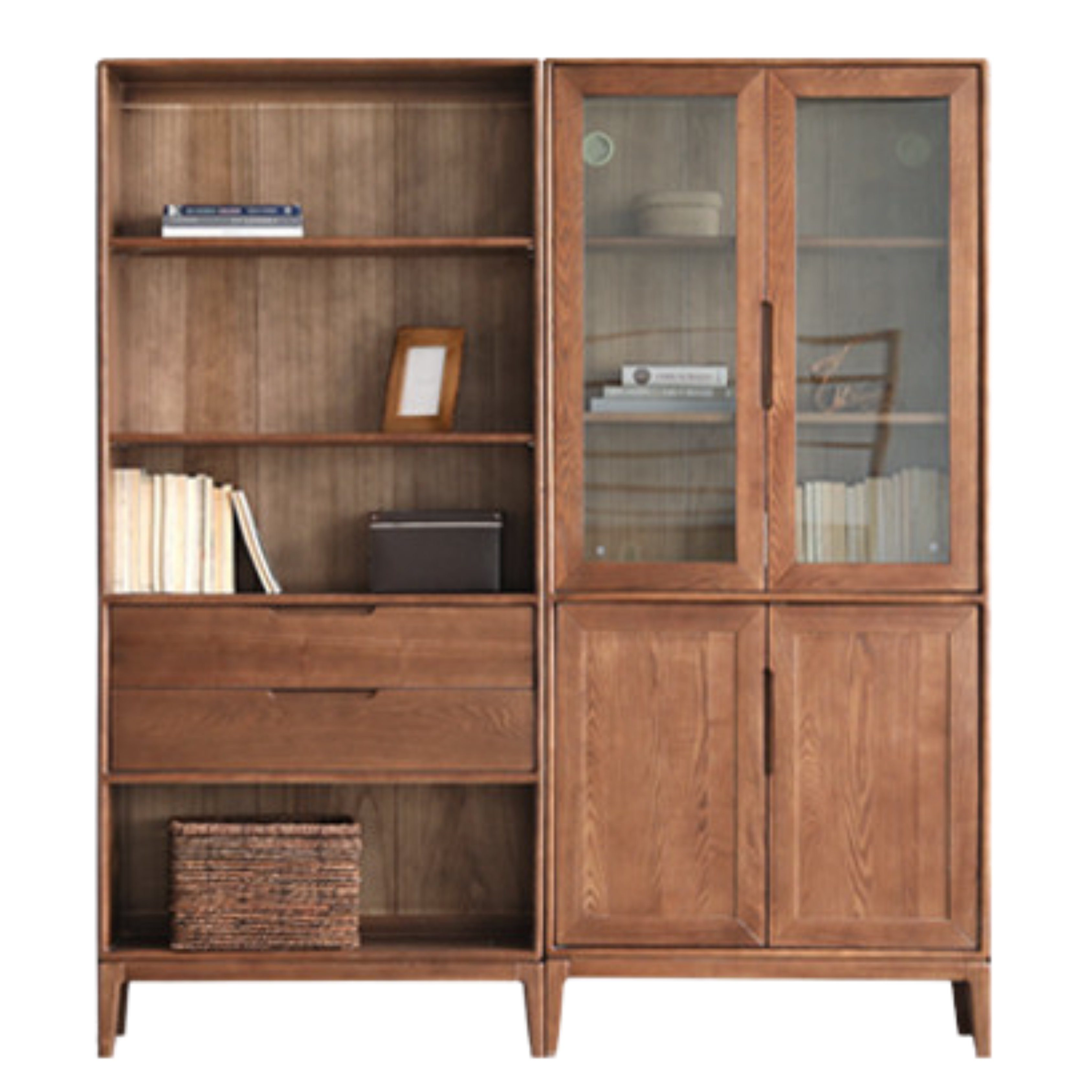 Premium Black Walnut & Ash Solid Wood Bookcase with Dust-Proof Glass Doors - Stylish Home Office & Living Room Storage Solution