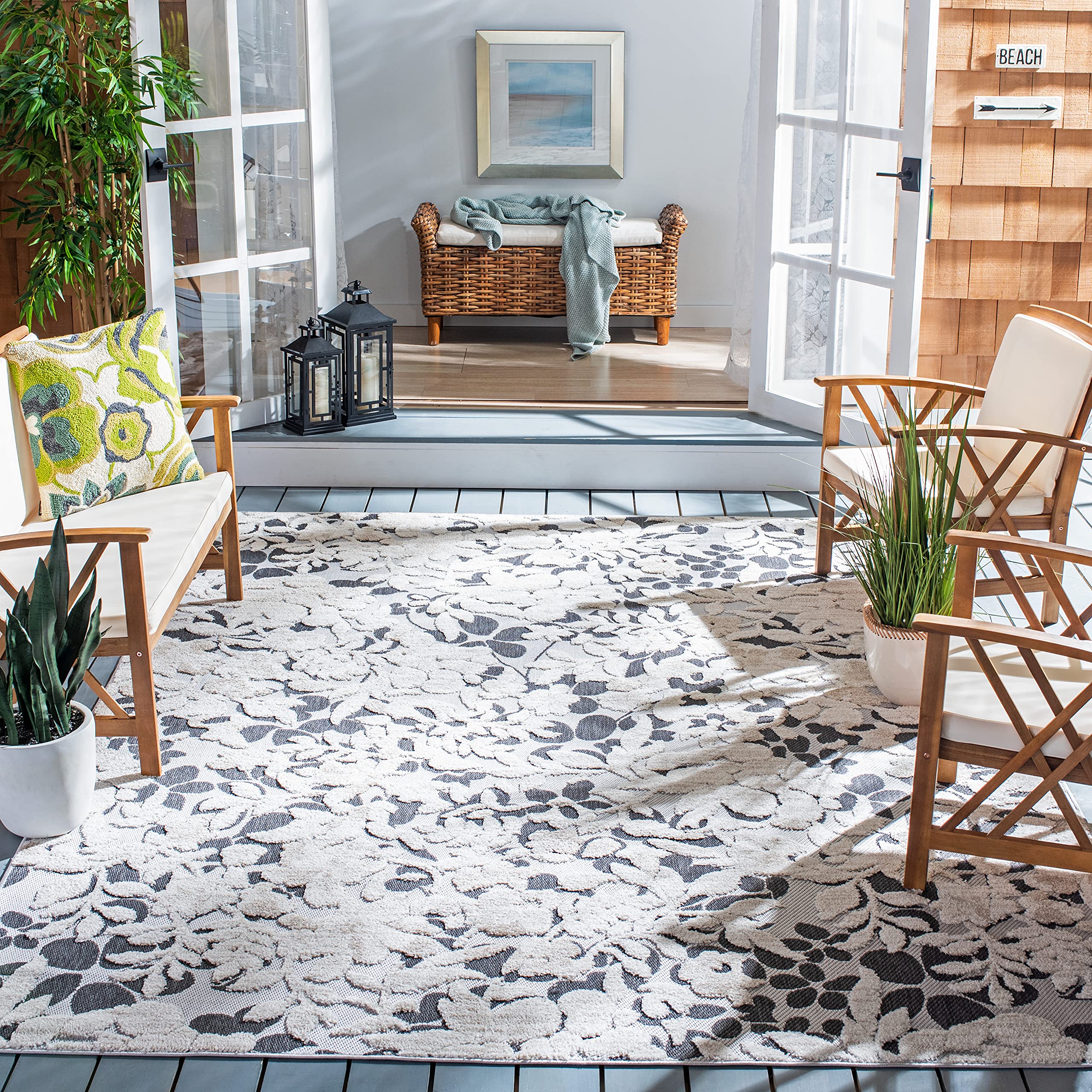 SAFAVIEH Cabana Collection 8' x 10' Ivory & Charcoal Area Rug - Non-Shedding, Easy Care, Stain Resistant for High Traffic Areas - Perfect for Living Room, Bedroom, Dining Room Decor (CBN672A) | Boho Chic Home Design & Cozy Interior Styling