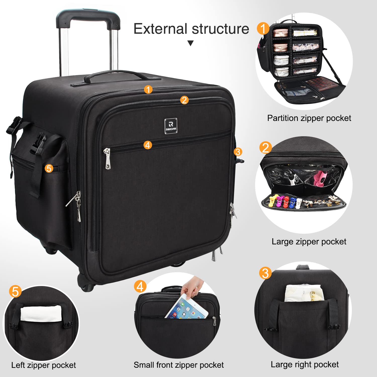 Relavel Professional Rolling Makeup Case with Wheels - Detachable Cosmetic Train Case for Makeup Artists | Travel Organizer for Cosmetics & Beauty Tools | Perfect for Salon, Bridal & On-the-Go Makeup Artists
