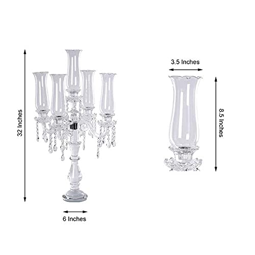 32-Inch Clear 5-Arm Crystal Glass Candelabra Hurricane Taper Candle Holder - Elegant Wedding Centerpiece, Party Decor, Holiday Table Setting, Romantic Dinner Lighting for Home & Event Decorations