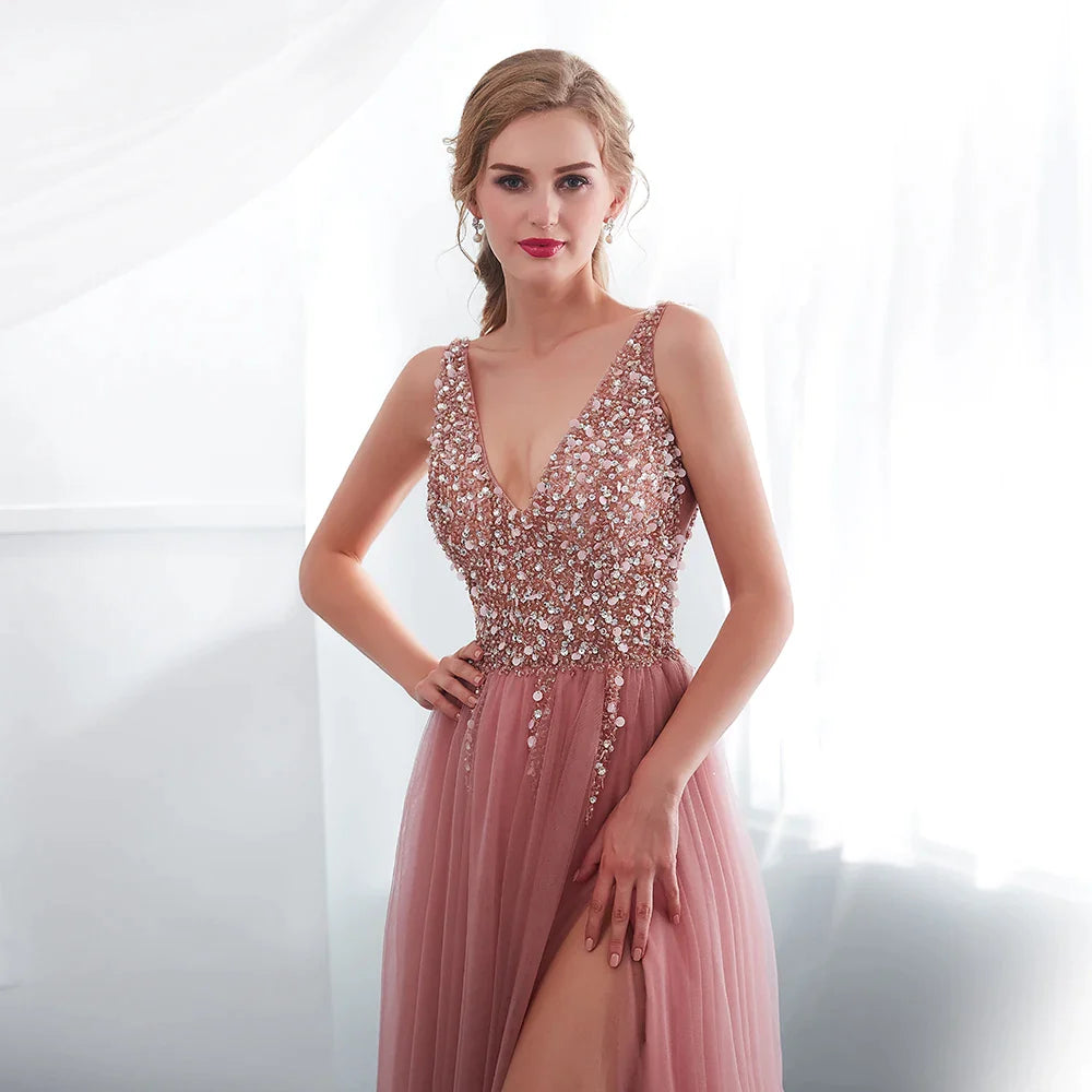 Sexy Pink Beaded Prom Dress with High Slit, Tulle Sweep Train & Lace-Up Backless Design - A-Line Sleeveless Evening Gown for Homecoming, Formal Dances & Special Occasions