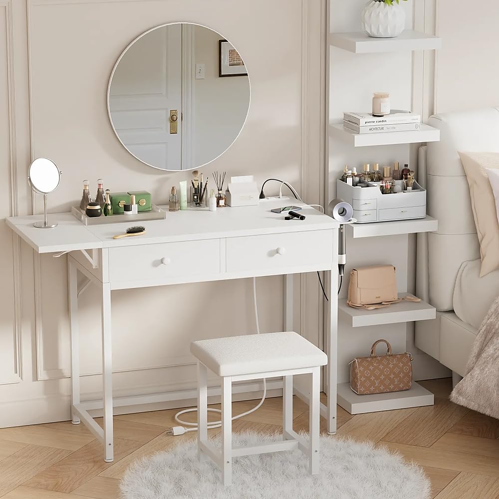 Modern White Small Makeup Vanity Desk Set with Wood Drawers & Stool - Foldable Countertop, Built-in Outlets - Perfect for Bedroom, Dressing Room & Apartment Beauty Space