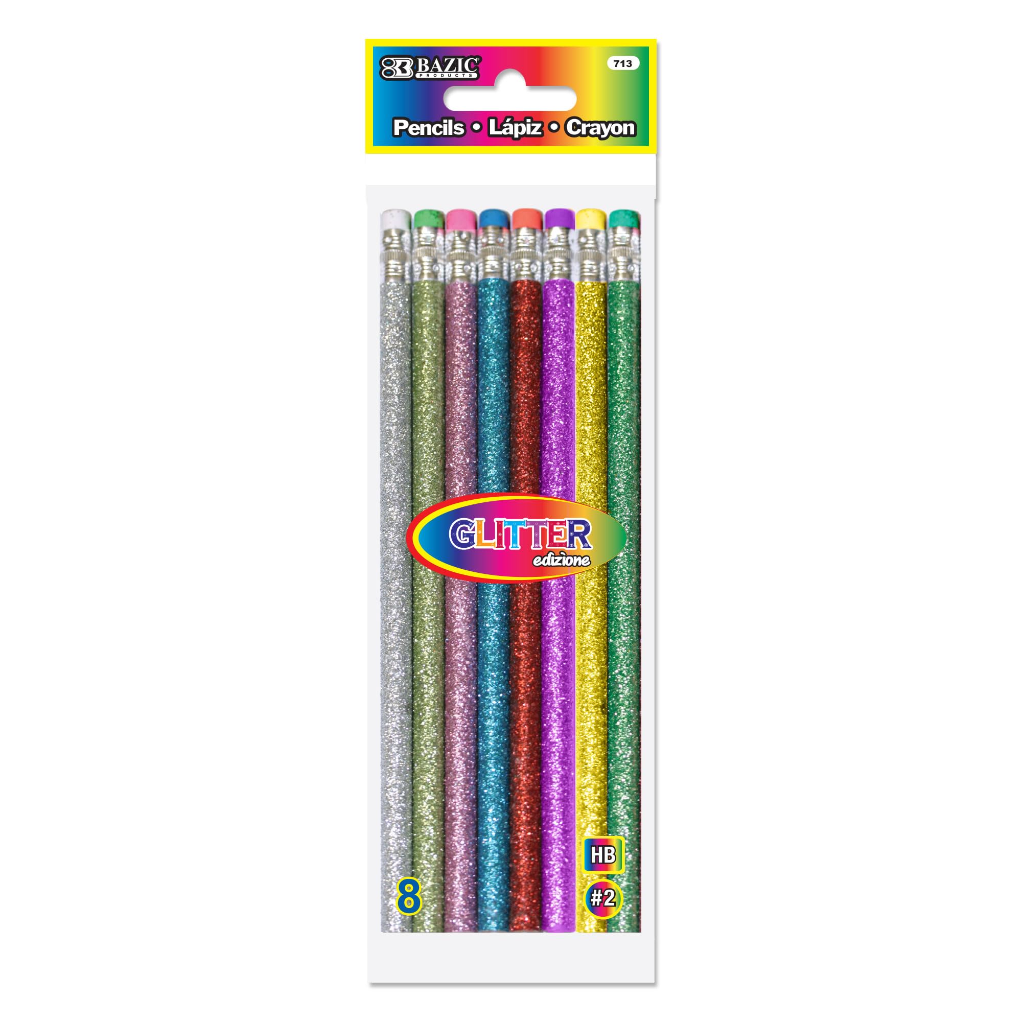 BAZIC Wooden Glitter Metallic Pencils with Latex-Free Eraser, Unsharpened Bulk Pack of 8 - Perfect for School Supplies, Classroom Rewards & DIY Craft Projects