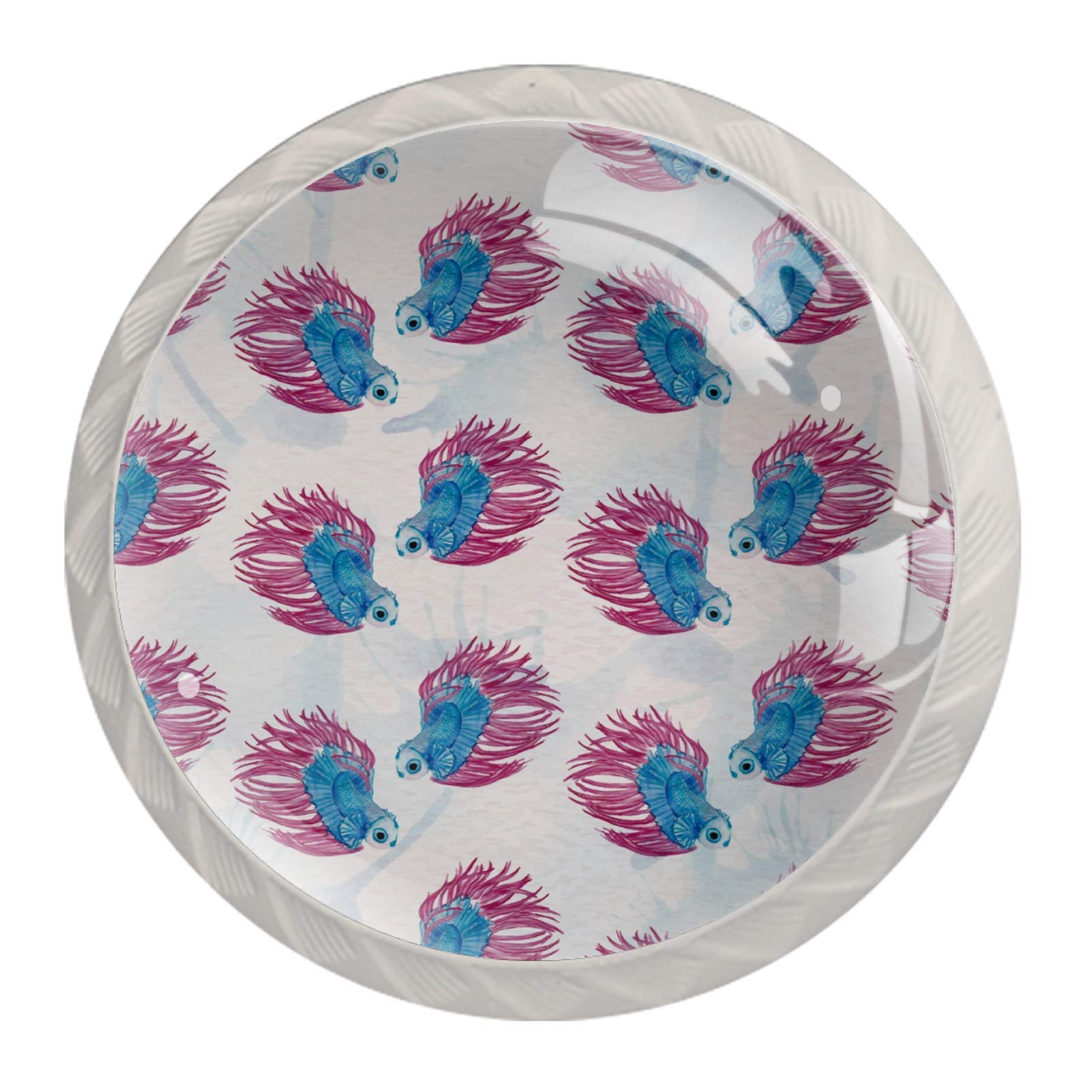 Blue and Pink Watercolor Fish Pattern Kitchen Cabinet Handles and Drawer Knobs with Screws (4 Pack) - Perfect for Dressers, Cabinets, and Furniture Upgrades