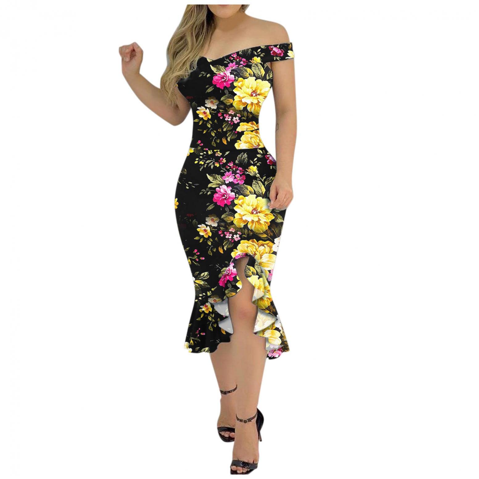 Elegant Floral Off Shoulder Cocktail Dress for Women - Wedding Guest, Party, Date Night - Knee Length Ruffle Hem Slit Dress for Special Occasions