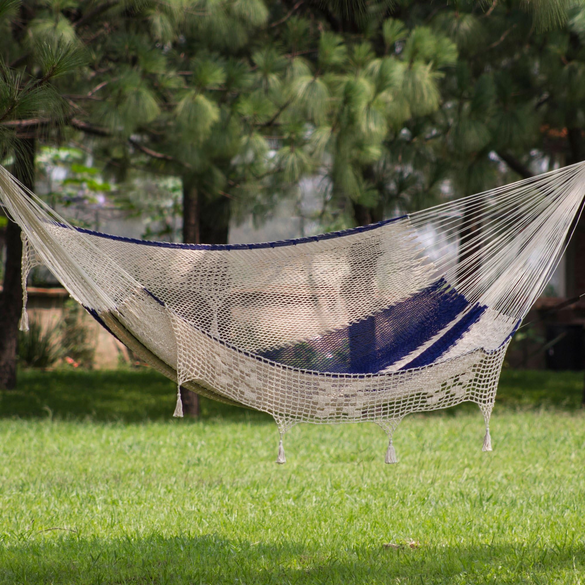 NOVICA Blue and White Striped Handwoven Cotton Mayan 2-Person XL Rope Hammock with Crochet Fringe - Double Size Hammock with Hanging Accessories for Backyard, Patio, Beach, and Poolside Relaxation