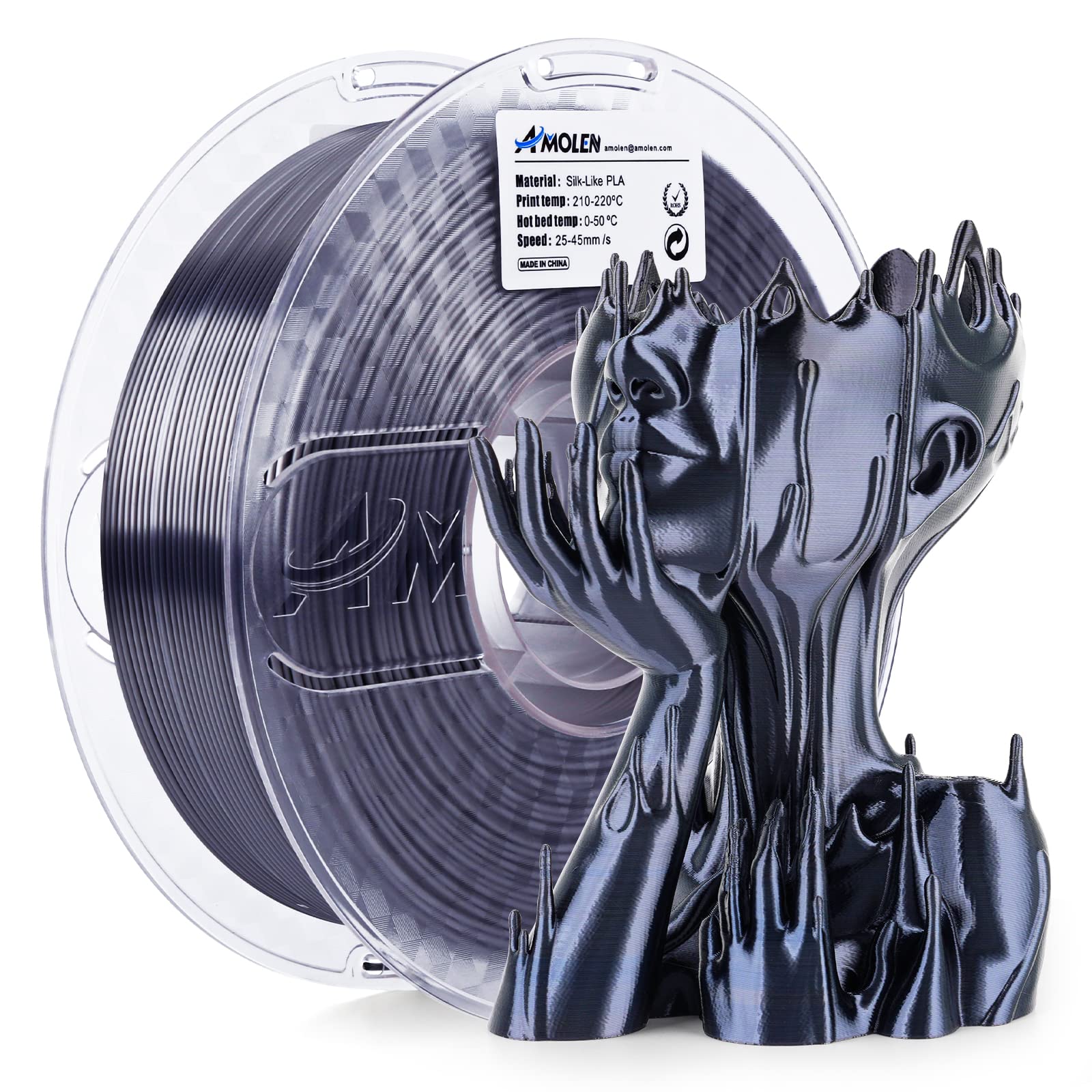 AMOLEN Silk PLA Filament 1.75mm 1kg (2.2lbs) Spool - Shiny Black Blue 3D Printer Filament for High-Quality Prints | Compatible with Most FDM 3D Printers | Perfect for Cosplay Props, Home Decor & DIY Projects