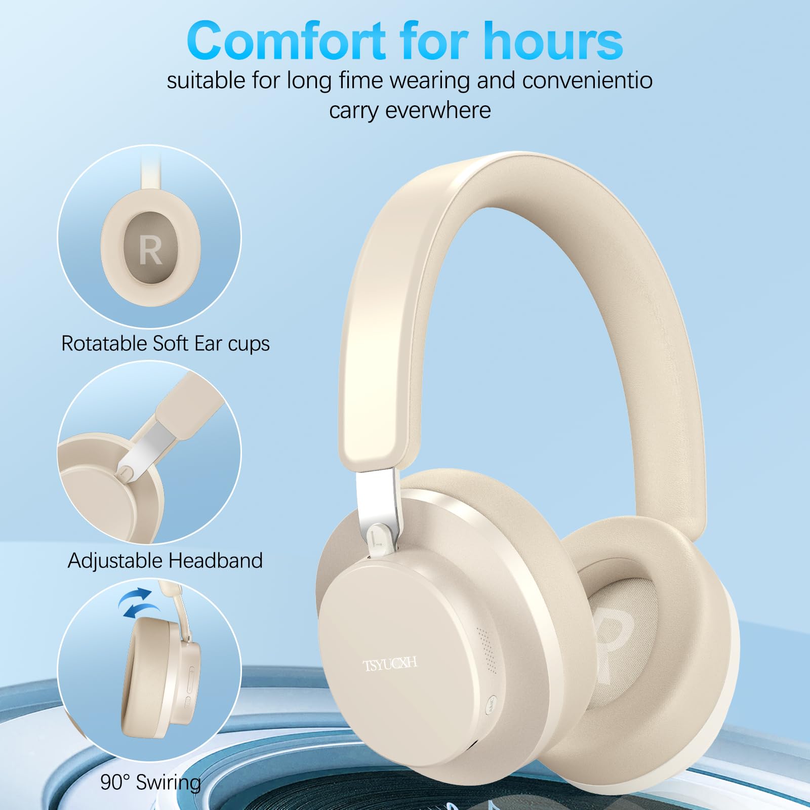 Premium Wireless Noise Cancelling Headphones with Bluetooth 5.0 - Over Ear Headset with Built-in Mic, 65H Playtime & Crystal Clear Calls - Comfort Fit for Travel, Work & Gaming (Beige)