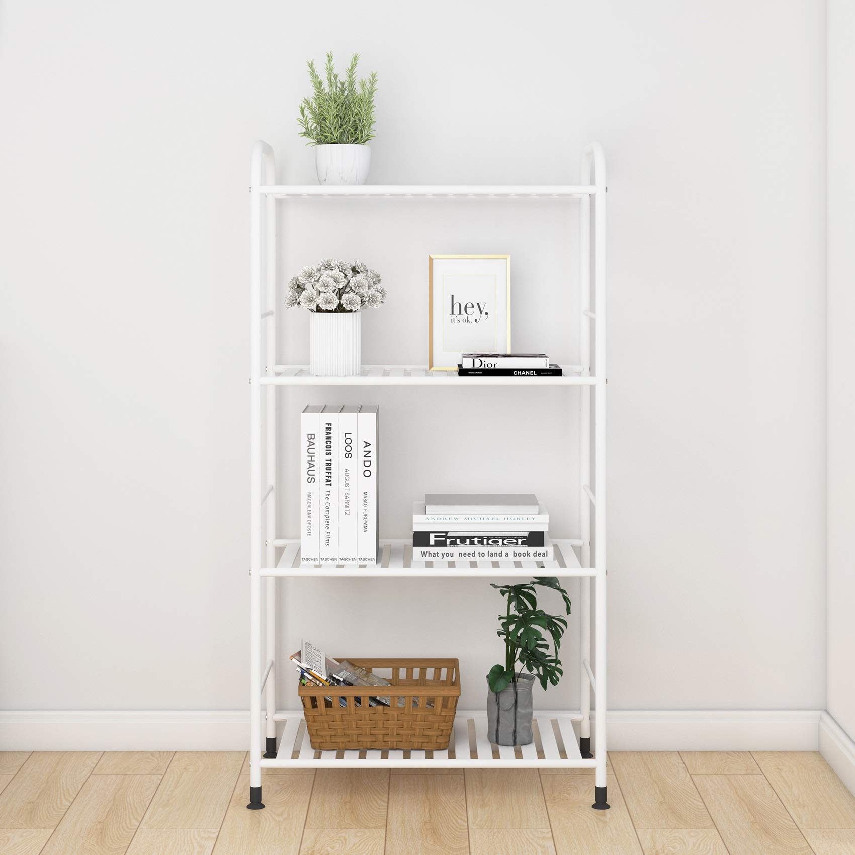 JSB 4-Tier Adjustable Metal Shelving Unit - Heavy Duty Storage Rack Organizer for Kitchen, Living Room, Laundry, Pantry & Bathroom - White Corner Shelf (Perfect for Small Spaces, Closet Organization & Home Storage Solutions)