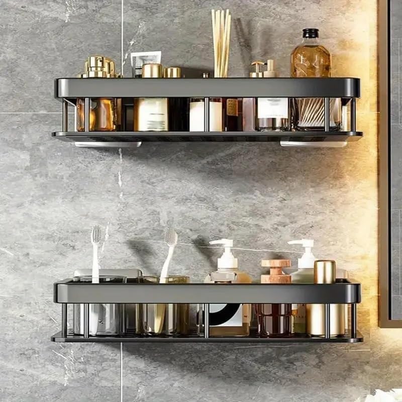SPITEN White Plastic Rectangular Wall Shelves - 2 Pack Self-Adhesive Bathroom Storage Rack, Strong Shower Shelf for Organizing Toiletries, Cosmetics & Essentials - Perfect for Small Spaces, Apartments & Dorm Rooms