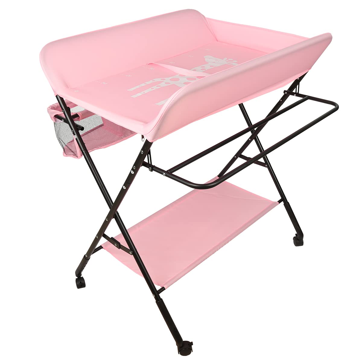 Adjustable Height Folding Baby Changing Table with Storage Basket & Wheels - Portable Nursery Diaper Station for Newborns & Toddlers (Pink) - Perfect for Small Spaces, Daycare & Travel Use