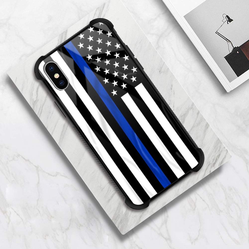 American Flag iPhone Xs Max Case - Blue Line Design with Tempered Glass Back & Soft Silicone TPU Shock Protection | Durable Cover for Everyday Use, Travel & Outdoor Activities