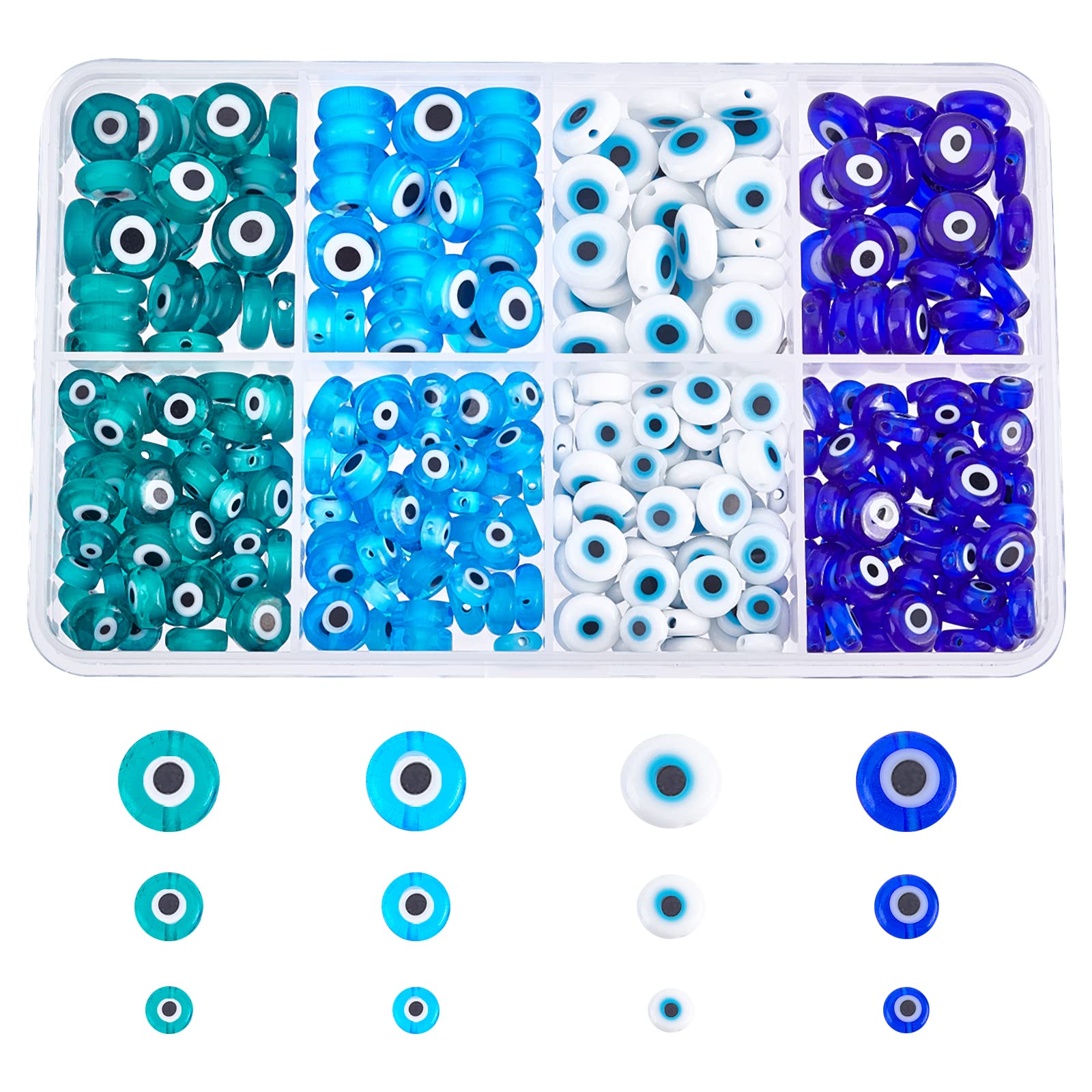 NBEADS 360 Pcs Evil Eye Beads Glass - 4 Colors Handmade Lampwork Beads, Flat Round Glass Beads for Bracelet & Necklace Jewelry Making (4 Sizes) - Perfect for DIY Craft Projects, Spiritual Protection & Boho Style Accessories
