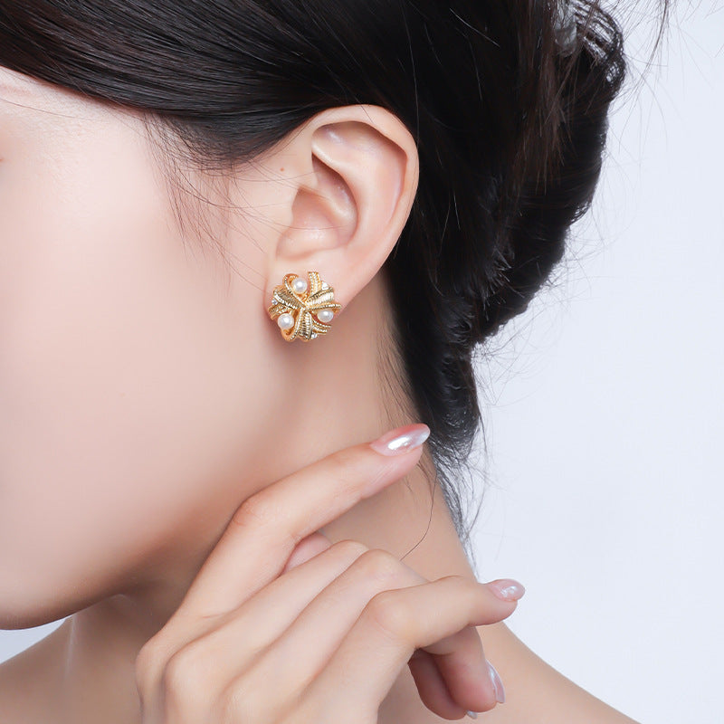 Vintage Metallic Pearl Stud Earrings for Women - DMS217 | Classic Elegant Jewelry Gift for Birthday, Anniversary & Special Occasions