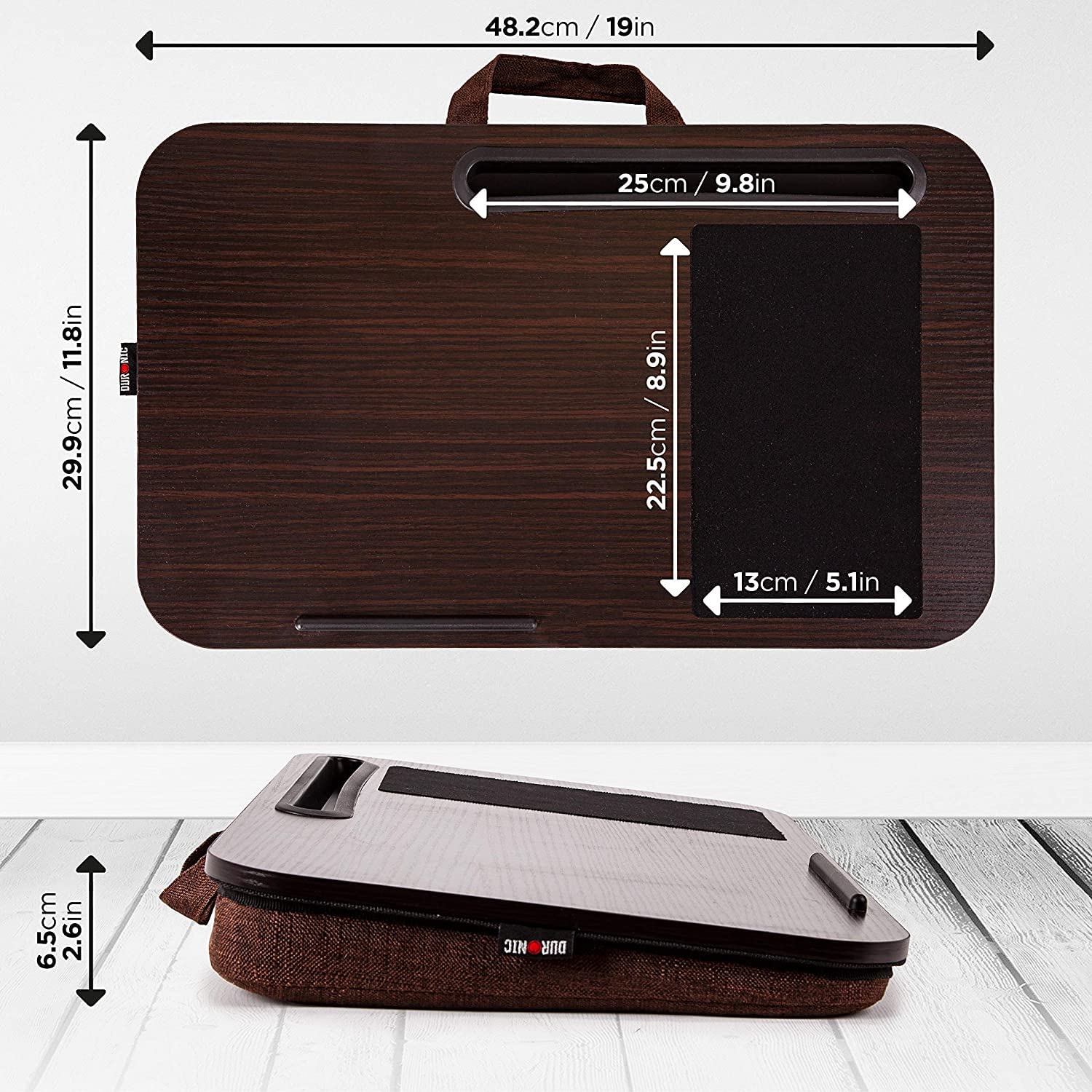 Ergonomic Laptop Tray with Cushion DML422 BROWN - Portable Lap Desk for Bed, Sofa & Car - Built-in Tablet Holder & Mouse Pad - Foam Cushion Support - Lightweight Design with Carry Handle - Perfect for Home, Office & Travel Use