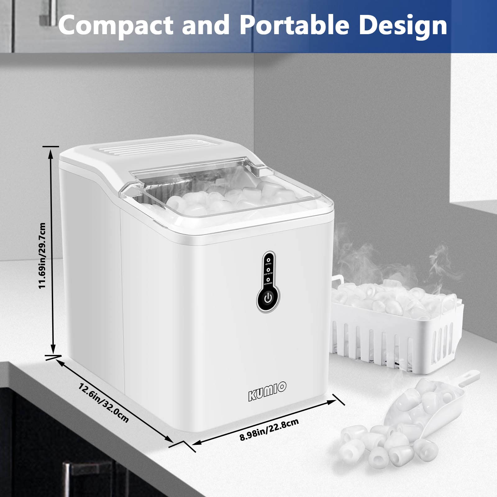 KUMIO Portable Countertop Ice Maker Machine - 9 Bullet-Shaped Ice Cubes in 6-9 Minutes, 26.5 Lbs Daily Output with Ice Scoop & Basket - Perfect for Home, Kitchen, Office, Parties & Outdoor Events - White
