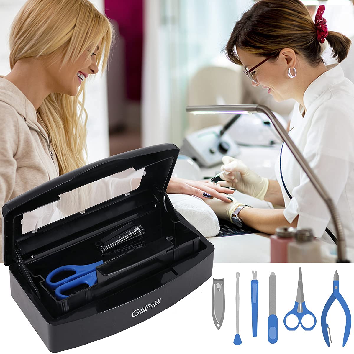 Gusnilo Professional Nail Tool Sterilizer Box - Plastic Disinfectant Container with Barbicide Solution for Nail Tools, Tweezers, Hair Salon & Spa Equipment - Perfect for Manicure, Pedicure & Barber Tools (Black) - Ideal for Salon Hygiene & Tool Sanitization