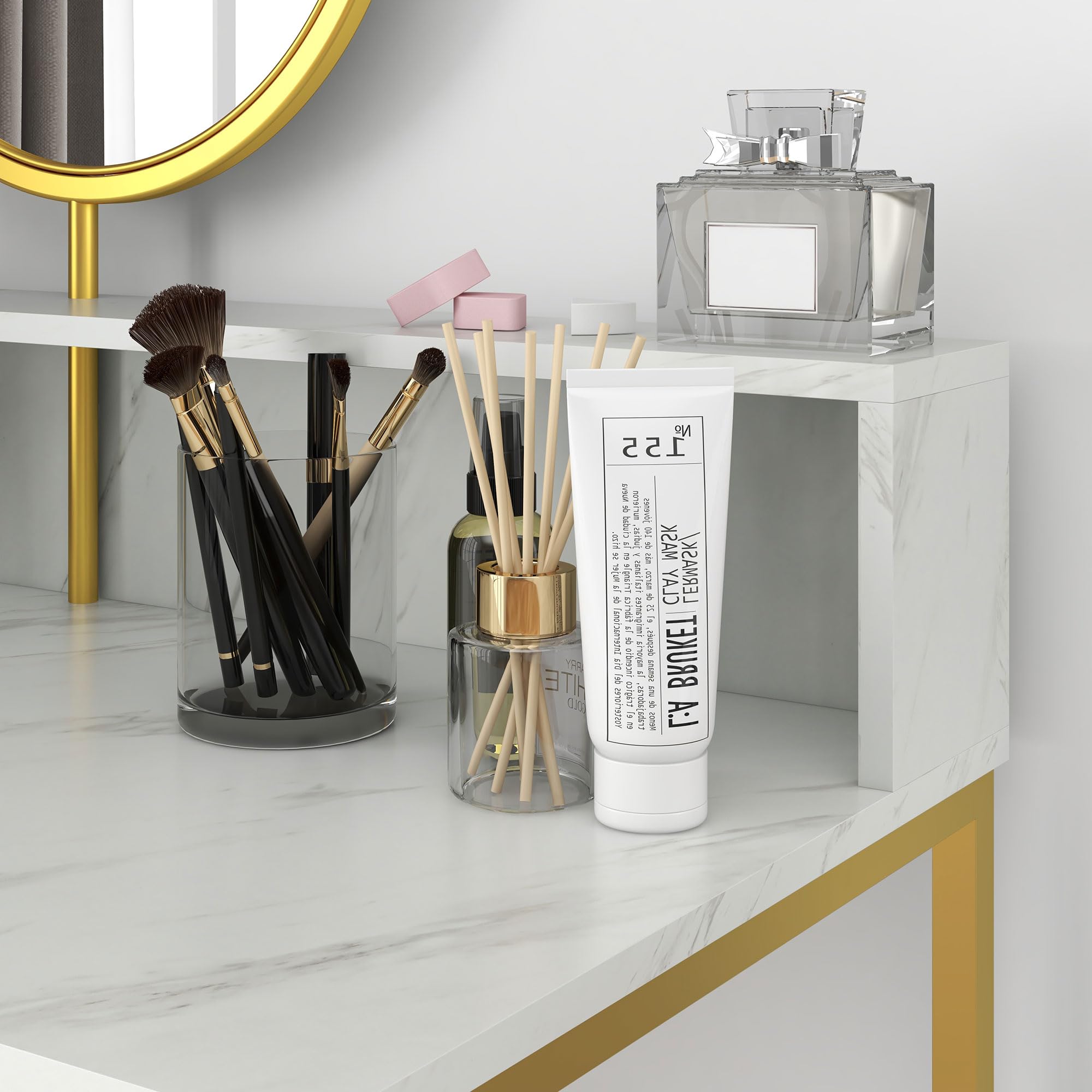 Modern Vanity Makeup Desk with Mirror - White & Gold Dressing Table with Open Storage, Faux Marble Finish & Steel Frame for Bedroom | Perfect for Makeup Organization, Beauty Routine & Small Space Decor
