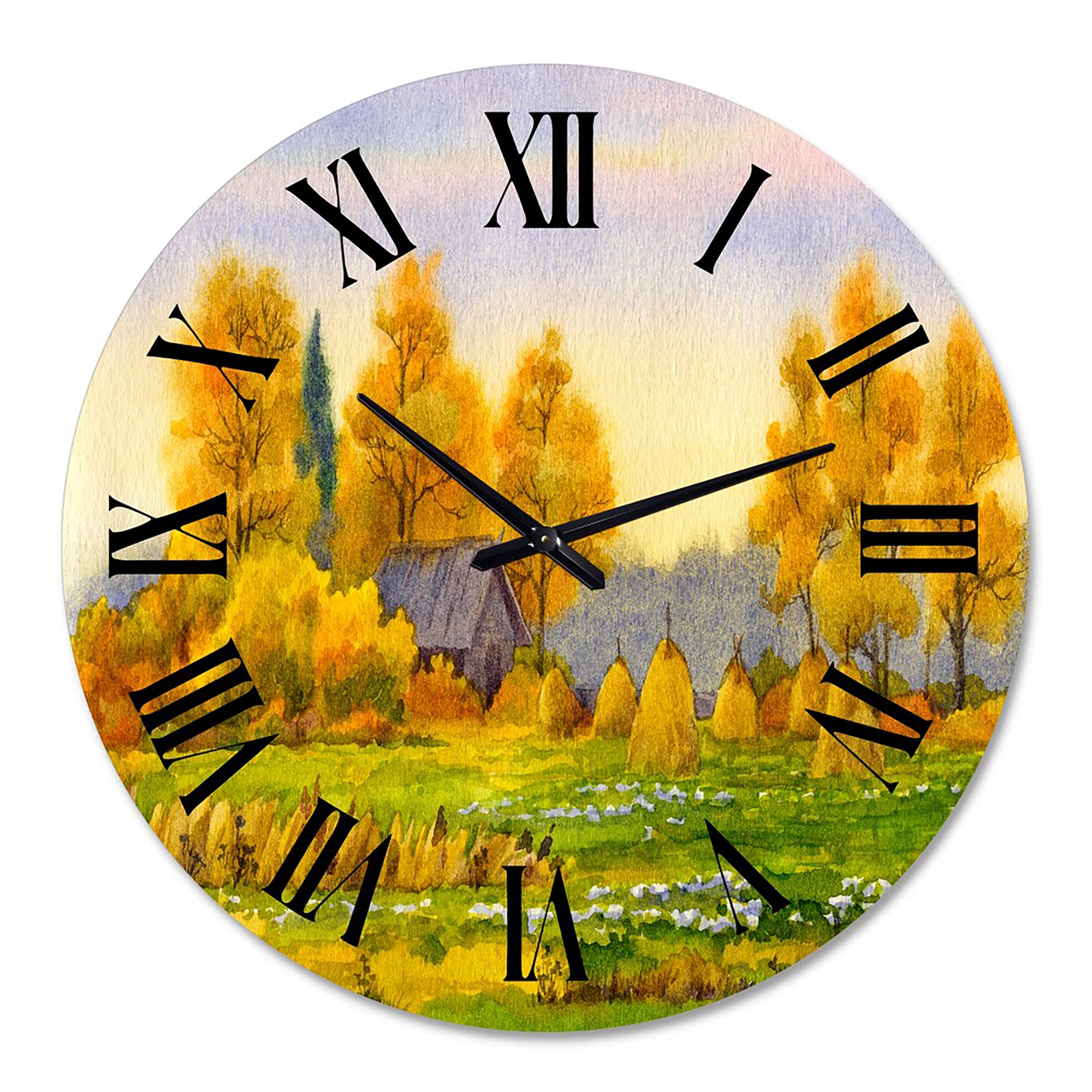 DesignQ Lake House Wall Clock 'Haystacks On Orange Fields II' - Large Landscape Nature Wall Clock for Home, Office & Cabin Decor - Perfect for Living Room, Bedroom or Country Style Interior