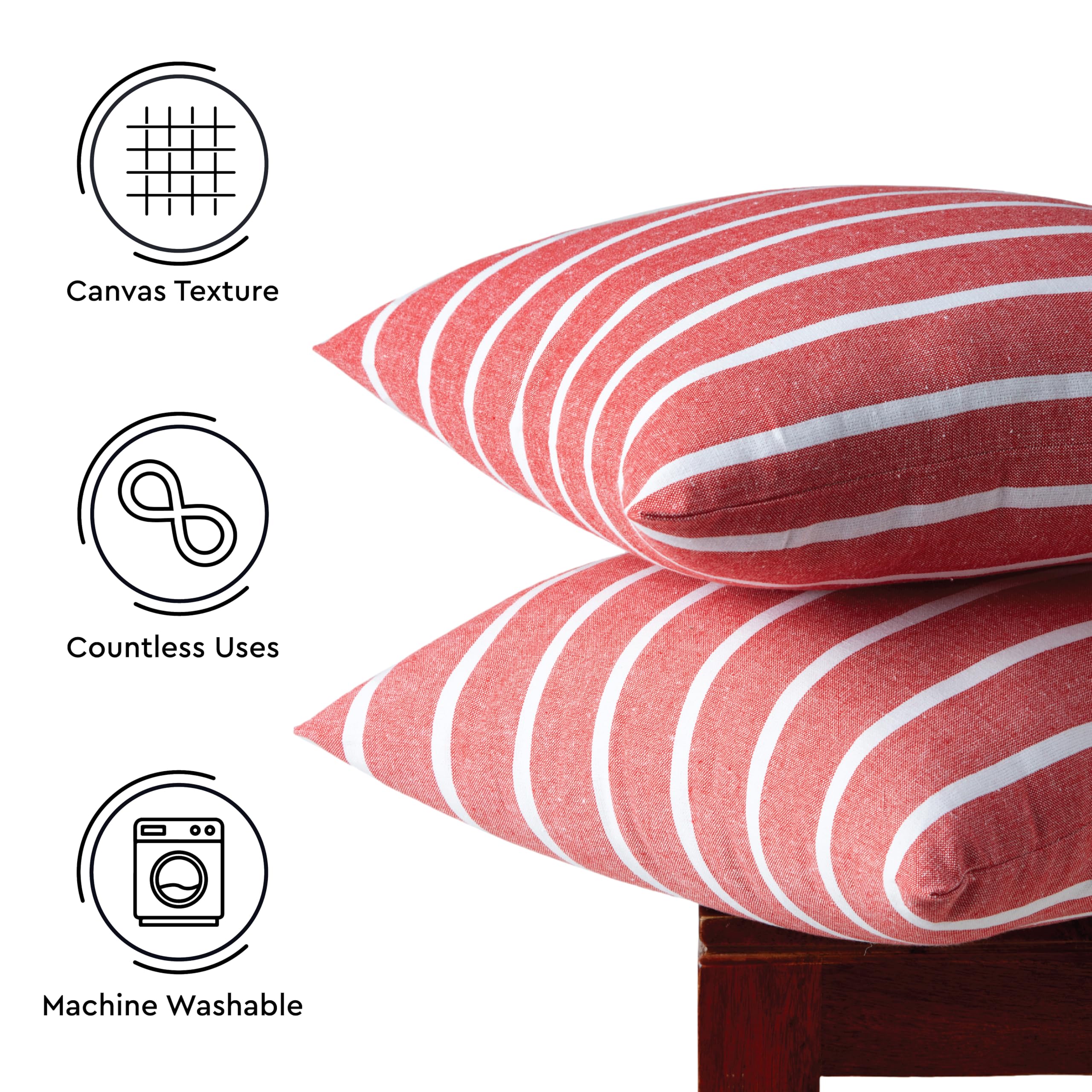 Encasa XO Farmhouse Throw Pillow Covers Set of 2 - 18x18 Inch Roma Red Stripes & Plaid | Decorative Cushion Covers No Inserts | Living Room, Couch, Sofa, Bedroom Decor | Cozy Home Accent for Farmhouse, Rustic & Modern Style