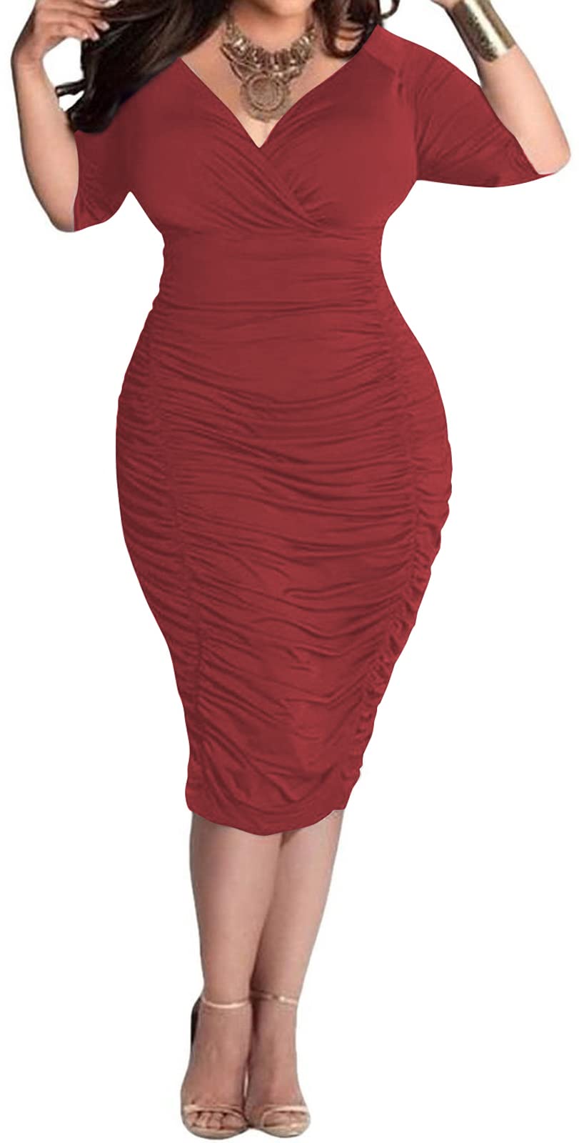Yajedo Women's Plus Size Bodycon Dress - Sexy V Neck Short Sleeve Ruched Cocktail Midi Dress for Party, Club & Evening Wear | Flattering Figure-Hugging Design for Curvy Women