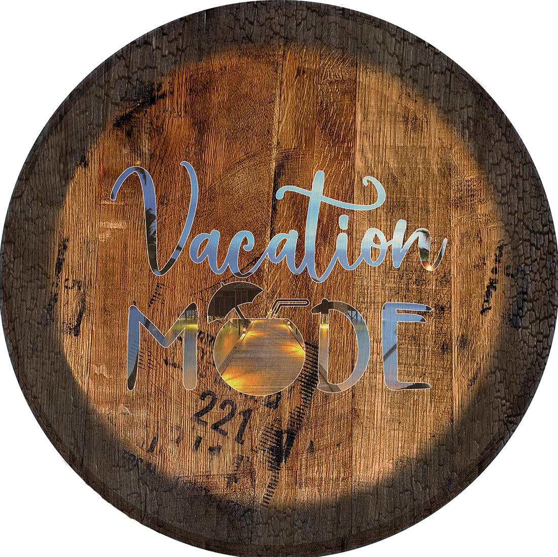 PS Prints Vacation Mode Sunset Beach Decor - Large Oak Whiskey Barrel Lid Wall Art for Beach House, Coastal Living Room, or Bar Decor