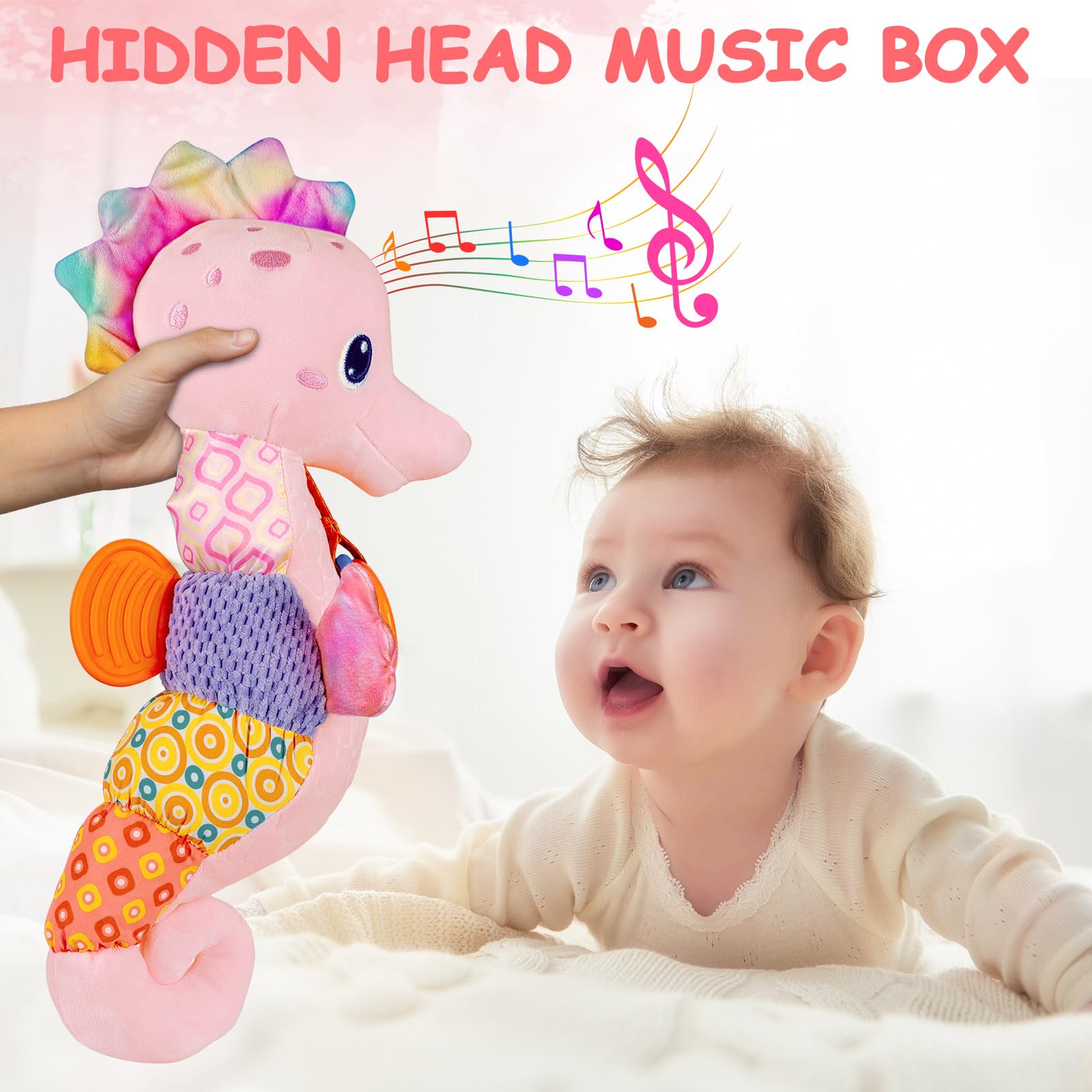 Fuzqq Soft Musical Baby Toys 0-12M - Crinkle & Rattle Stuffed Animal for Newborns (Pink) | Nursery Playtime Gift