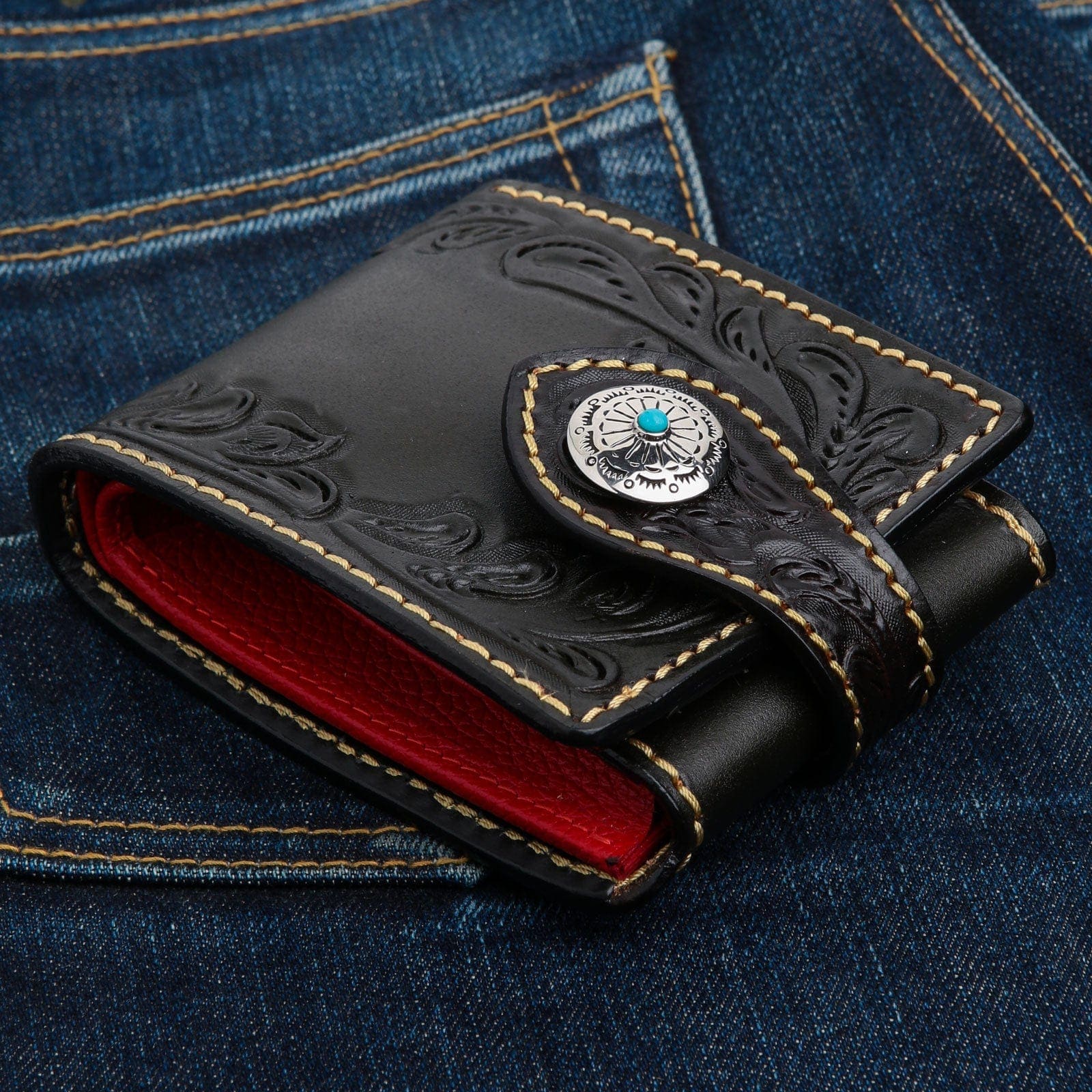 Authentic Leather Turquoise Indian Cowboy Floral Biker Wallet for Men - Handmade Western Style Money Clip Billfold (Perfect for Bikers, Riders & Western Fashion Enthusiasts)