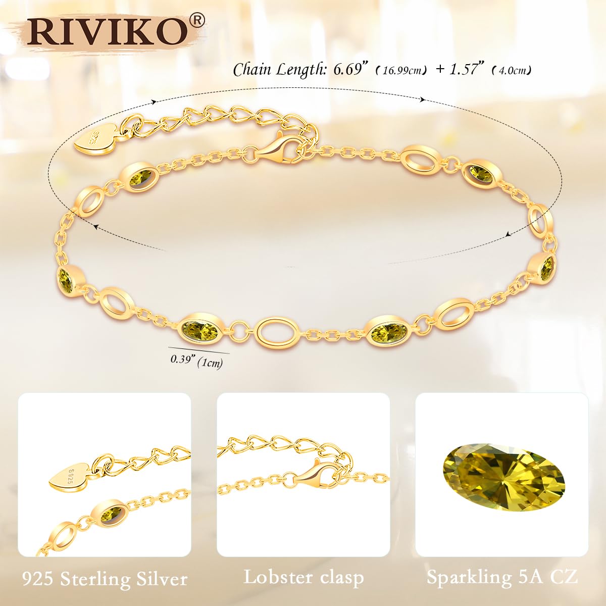 RIVIKO 925 Sterling Silver Gold Plated Birthstone Bracelet for Women - Adjustable Dainty Charm Link Bracelet Jewelry for Anniversary, Valentine's Day, Christmas & Birthday Gifts for Her, Mom, Wife, Friend | Perfect for Everyday Wear, Special Occasions & Thoughtful Gifting