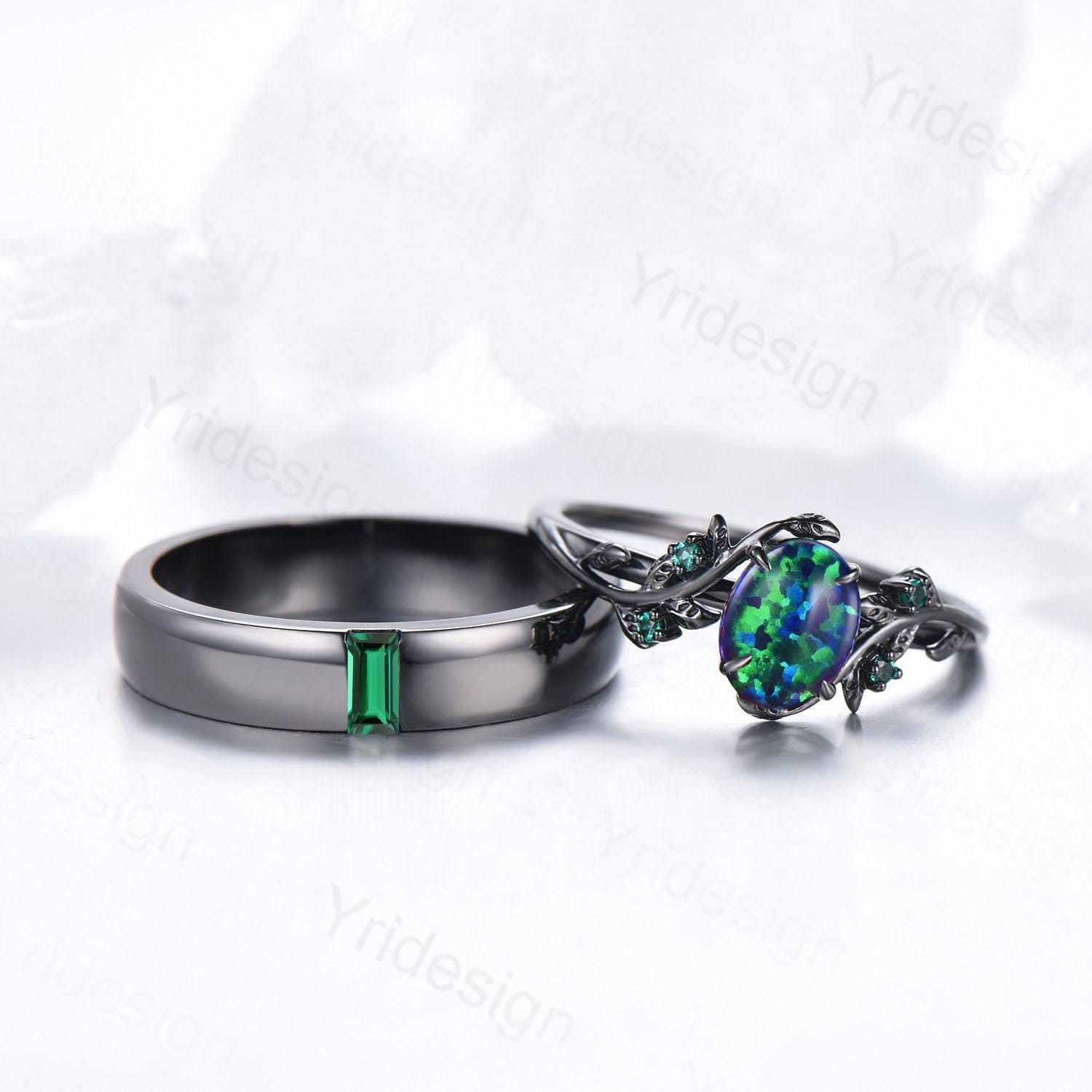 Black Gold Fire Opal Couples Ring Set - His & Hers Wedding Bands, Emerald Bridal Rings for Men & Women - Perfect for Engagement, Promise, Anniversary Gifts - Ideal for Romantic Occasions & Special Celebrations