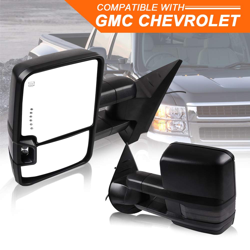 ROADFAR Power Heated Towing Mirrors for 2008-2013 Chevy Silverado & GMC Sierra - LED Turn Signal, Puddle Light, Black Housing - Perfect for Towing Trailers, Campers & Heavy Loads