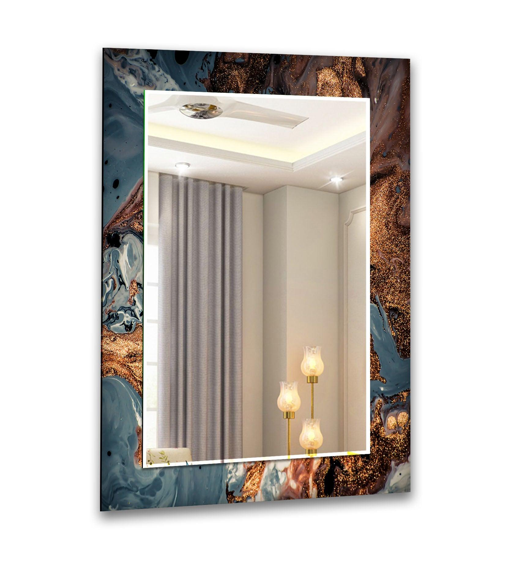 Blue Abstract Wall Mirror with Bronze Details - Modern Decorative Mirror for Living Room, Bedroom, or Entryway