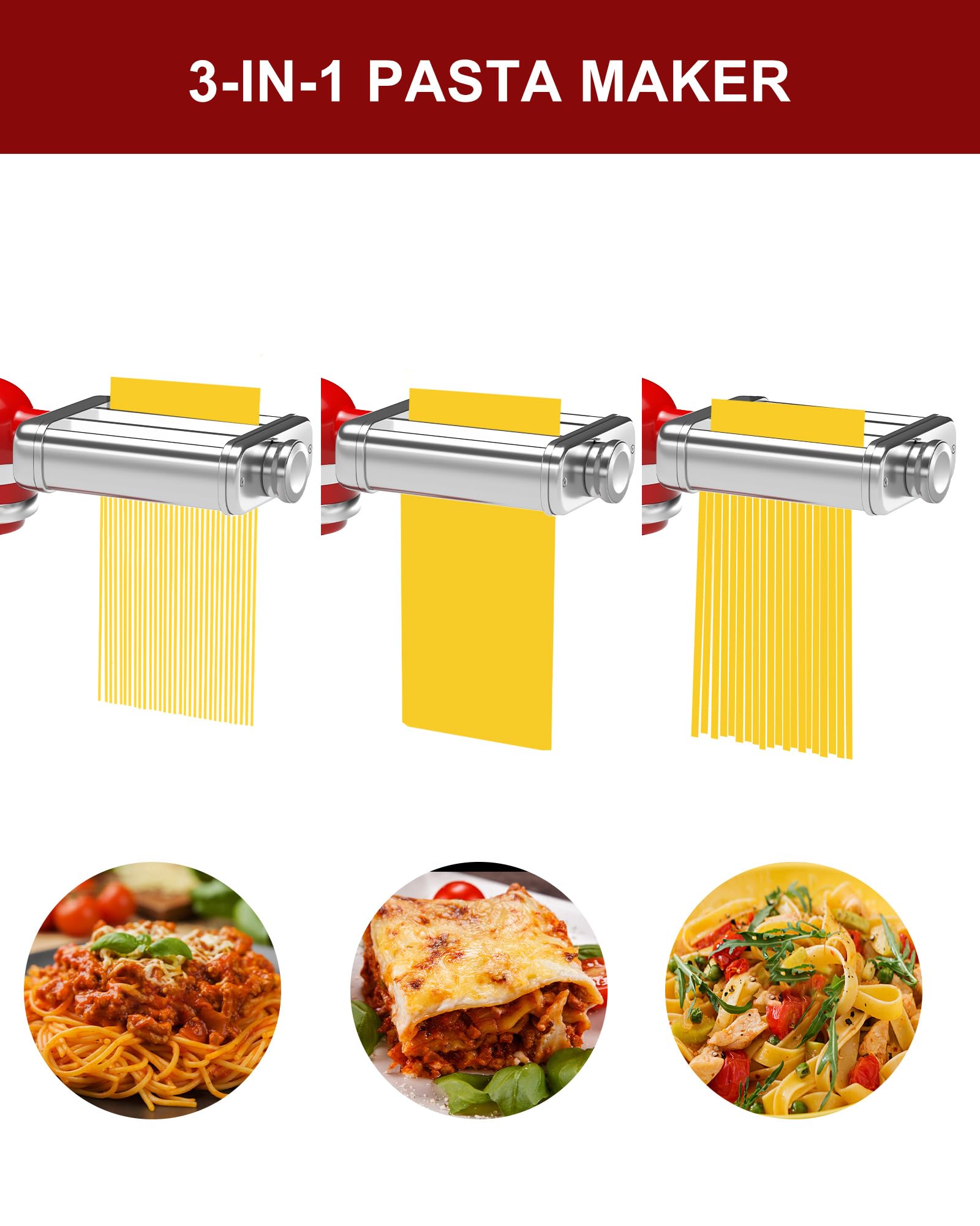 3-in-1 Pasta Maker Attachment for KitchenAid Stand Mixers - Includes Pasta Roller, Spaghetti & Fettuccine Cutters with Cleaning Brush - Perfect for Homemade Italian Pasta, Lasagna & Noodle Making