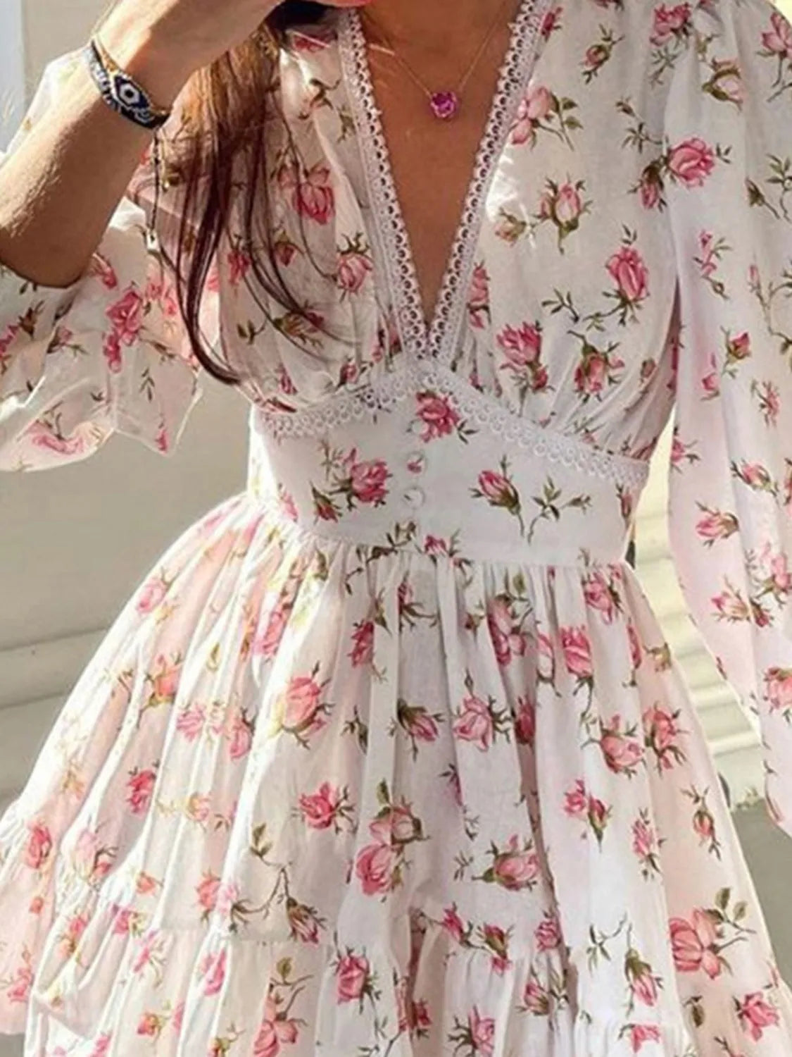 Floral Lace Balloon Sleeve Mini Dress for Women - Summer Boho Chic Party Dress for Beach, Wedding & Date Night