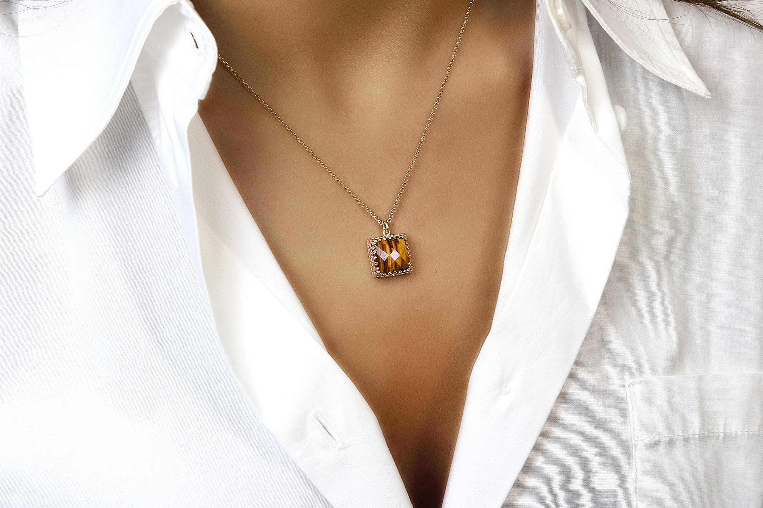 Square Tiger Eye Necklace - 14k Rose Gold Gemstone Pendant for Women | Handcrafted Jewelry, Unique Gift for Her | Perfect for Everyday Wear, Office & Special Occasions