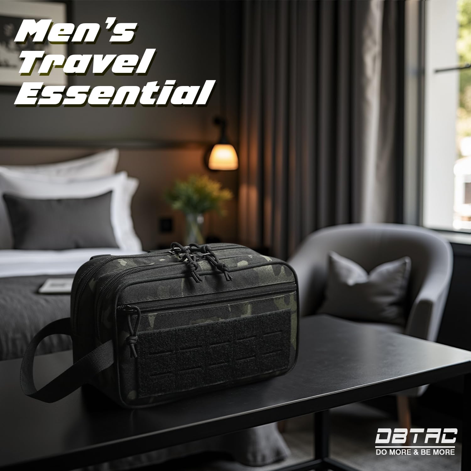 DBTAC Tactical Toiletry Bag for Men - Waterproof Shower Bag with Wet/Dry Compartments | Compact Travel Dopp Kit & Shaving Organizer (Black Camo) - Perfect for Camping, Gym & Business Trips