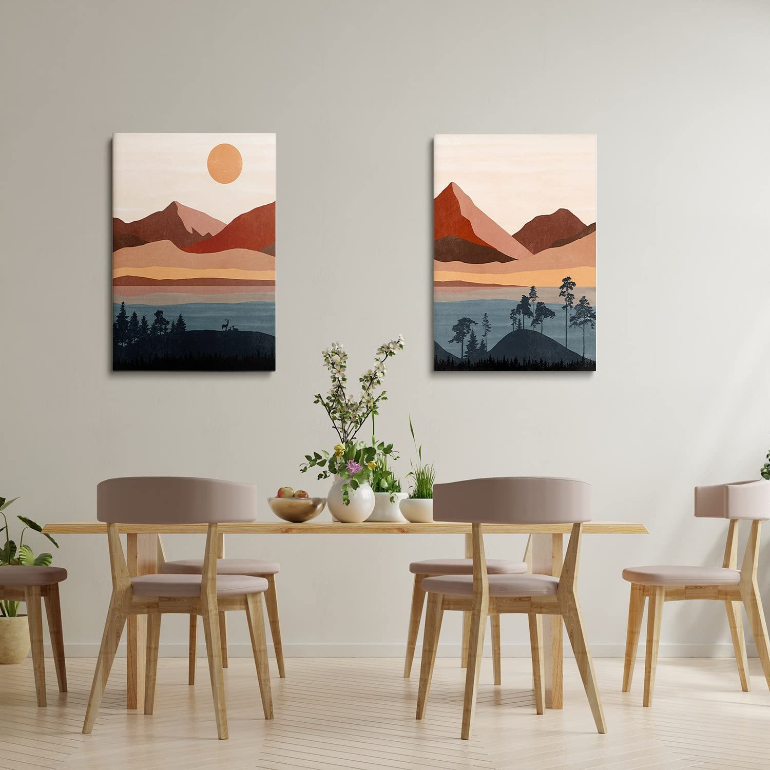 Boho Print Mid Century Minimalist Art Prints - Sunset Landscape Wall Art, Modern Abstract Canvas for Living Room, Bedroom & Kids Room Decor - Set of 2 Framed Posters (24x36 inches) - Perfect for Home, Office & Gift Giving