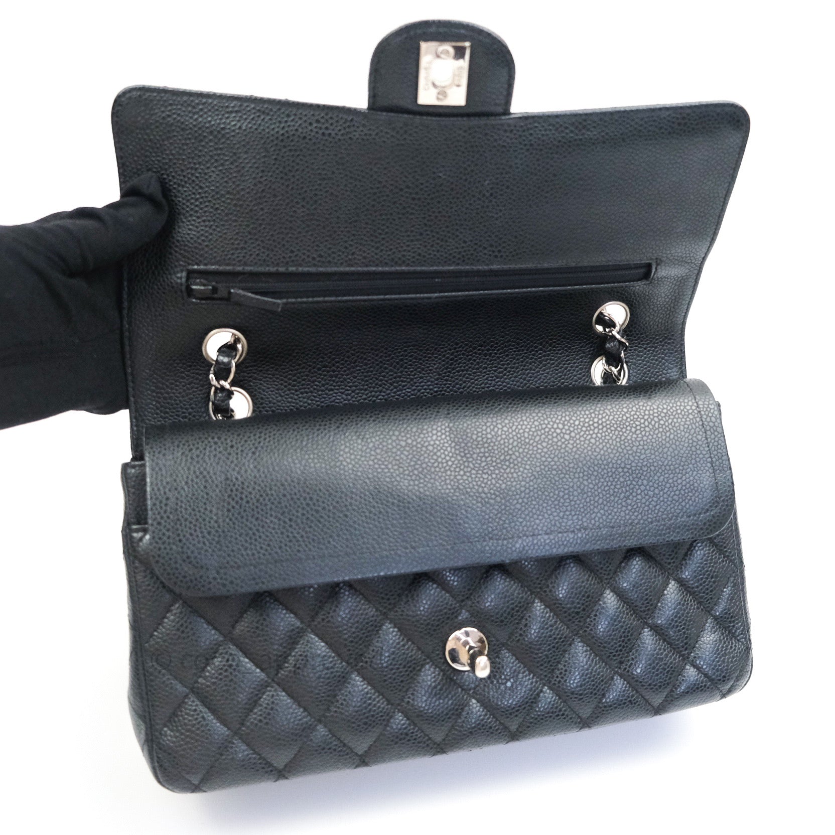 Chanel Classic M/L Medium Double Flap Bag Black Caviar Silver Hardware - Luxury Designer Handbag for Women, Perfect for Work, Evening Events & Special Occasions