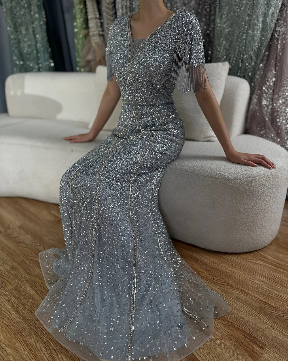 Elegant Dubai Gray Saudi Arabic Evening Gown with Beaded Tassel - Formal Abaya Dress for Women - LA72743 - Perfect for Weddings, Galas and Special Occasions