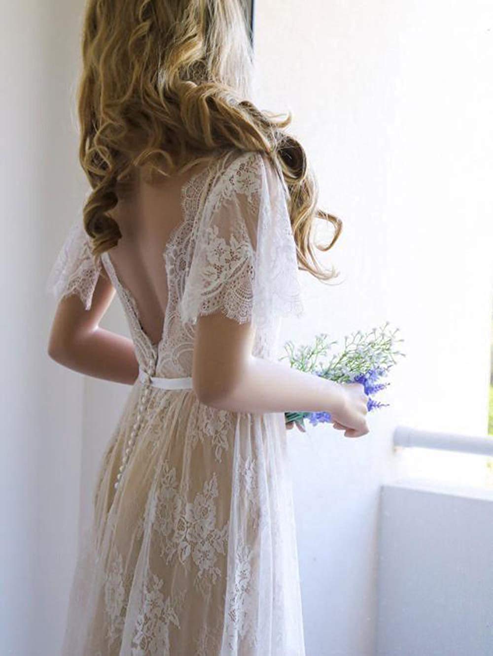 Bohemian Beach Wedding Dress for Women - Short Sleeve V-Neck Lace Bridal Gown | Perfect for Outdoor, Garden & Destination Weddings