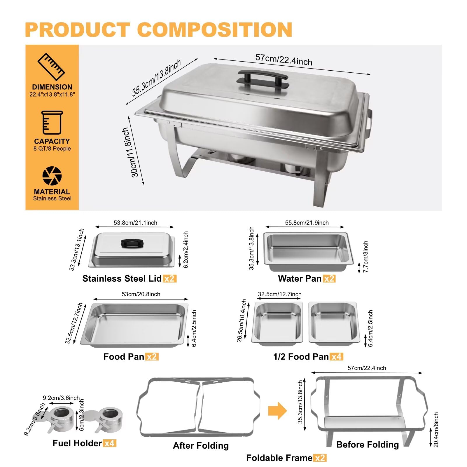 2 Pack 8QT Stainless Steel Rectangular Chafing Dish Buffet Set - Includes Full & Half Food Pans, Fuel Holder & Foldable Frame - Perfect for Catering, Weddings, Parties, Banquets & Buffet Events - Keep Food Warm for Hours
