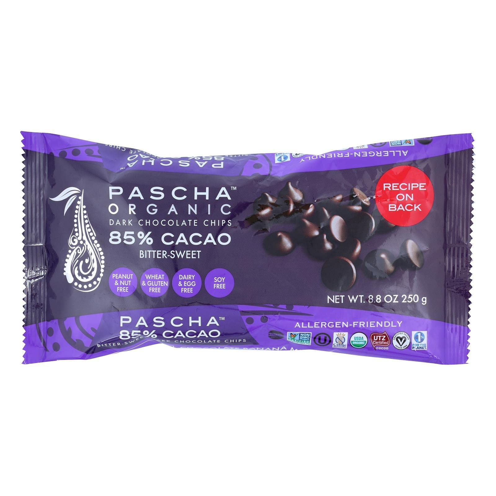Pascha Organic 85% Dark Chocolate Chips - Bittersweet, Vegan, Gluten-Free - Case of 6 (8.8 Oz Each) - Perfect for Baking Cookies, Desserts & Healthy Snacking