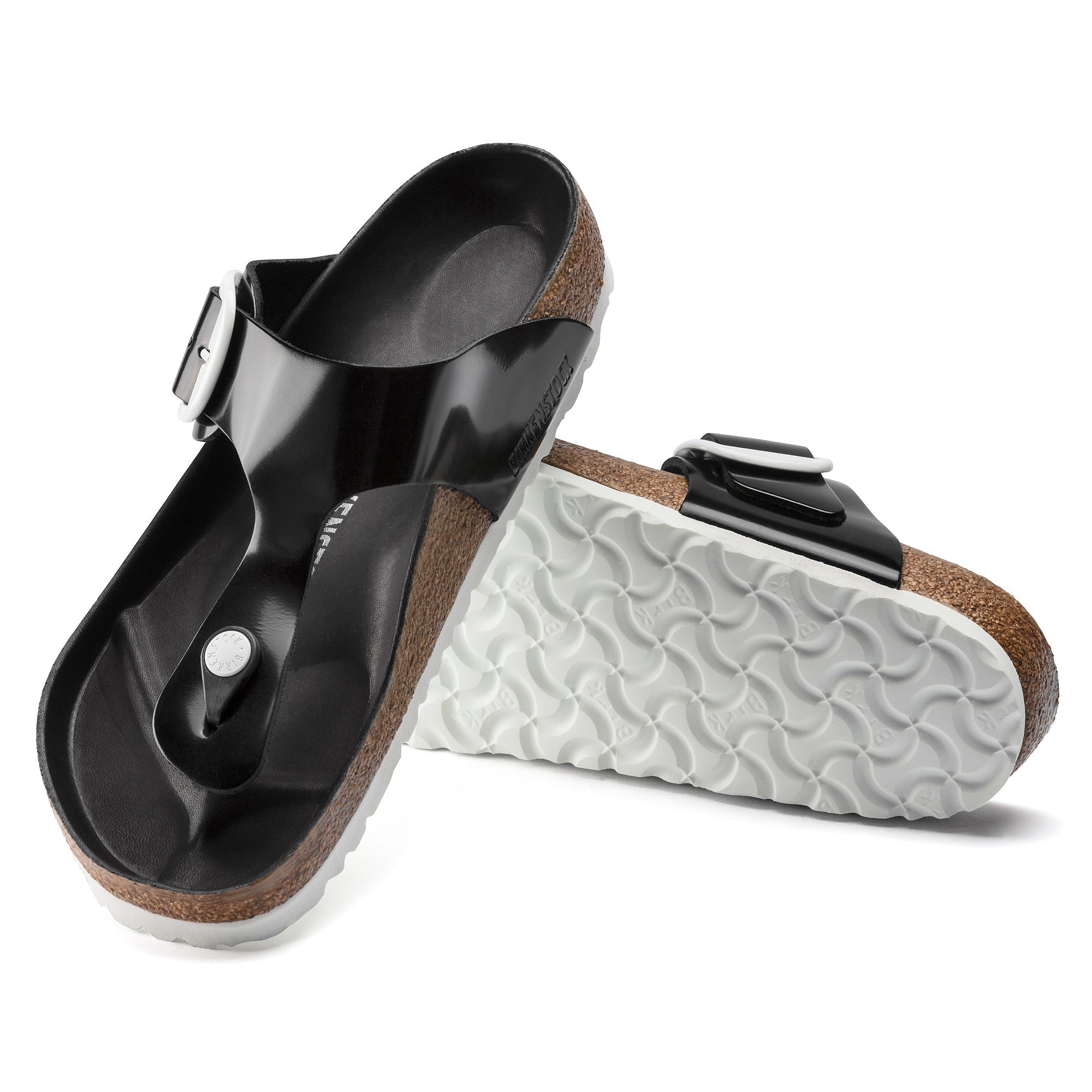 Birkenstock Gizeh Big Buckle Sandals - High Shine Black & White Leather - Comfortable Women's Flip Flops for Summer, Beach & Casual Wear