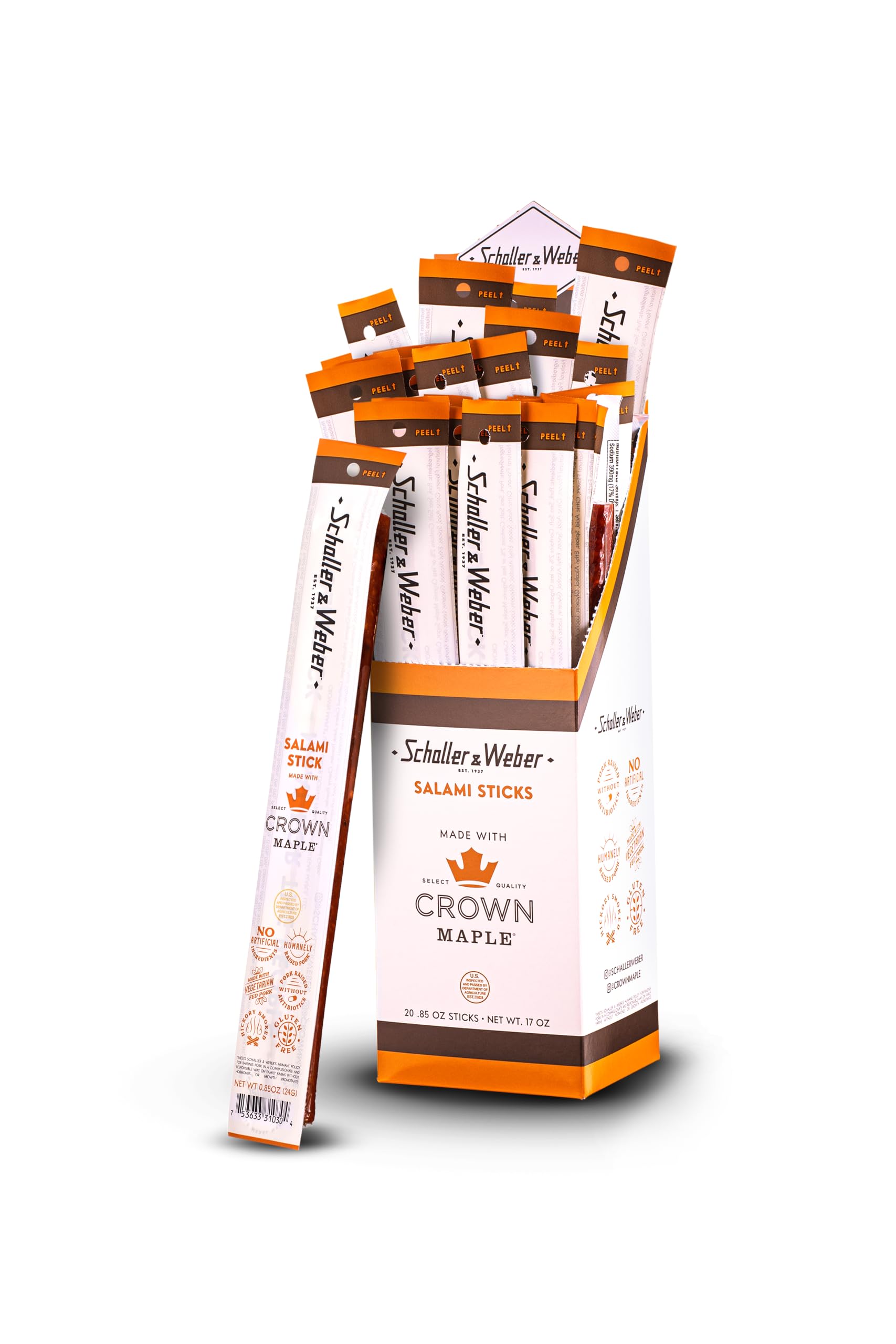 Schaller & Weber Crown Maple Salami Stick - Hickory Smoked All-Natural Ready-to-Eat Meat Snack, 0.85oz (Pack of 20) - Perfect for Camping, Hiking & On-the-Go Snacking