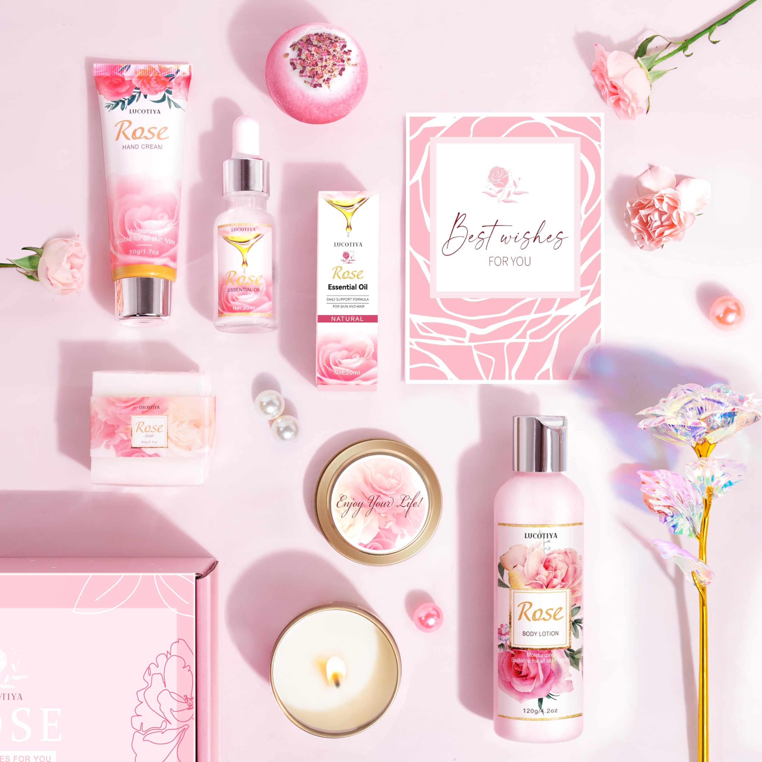 LUCOTIYA Spa Gift Basket for Women - Rose Scented Bubble Bath Set, Birthday Gifts for Mom, Teacher, Sister | Relaxing Self-Care & Romantic Bath Time