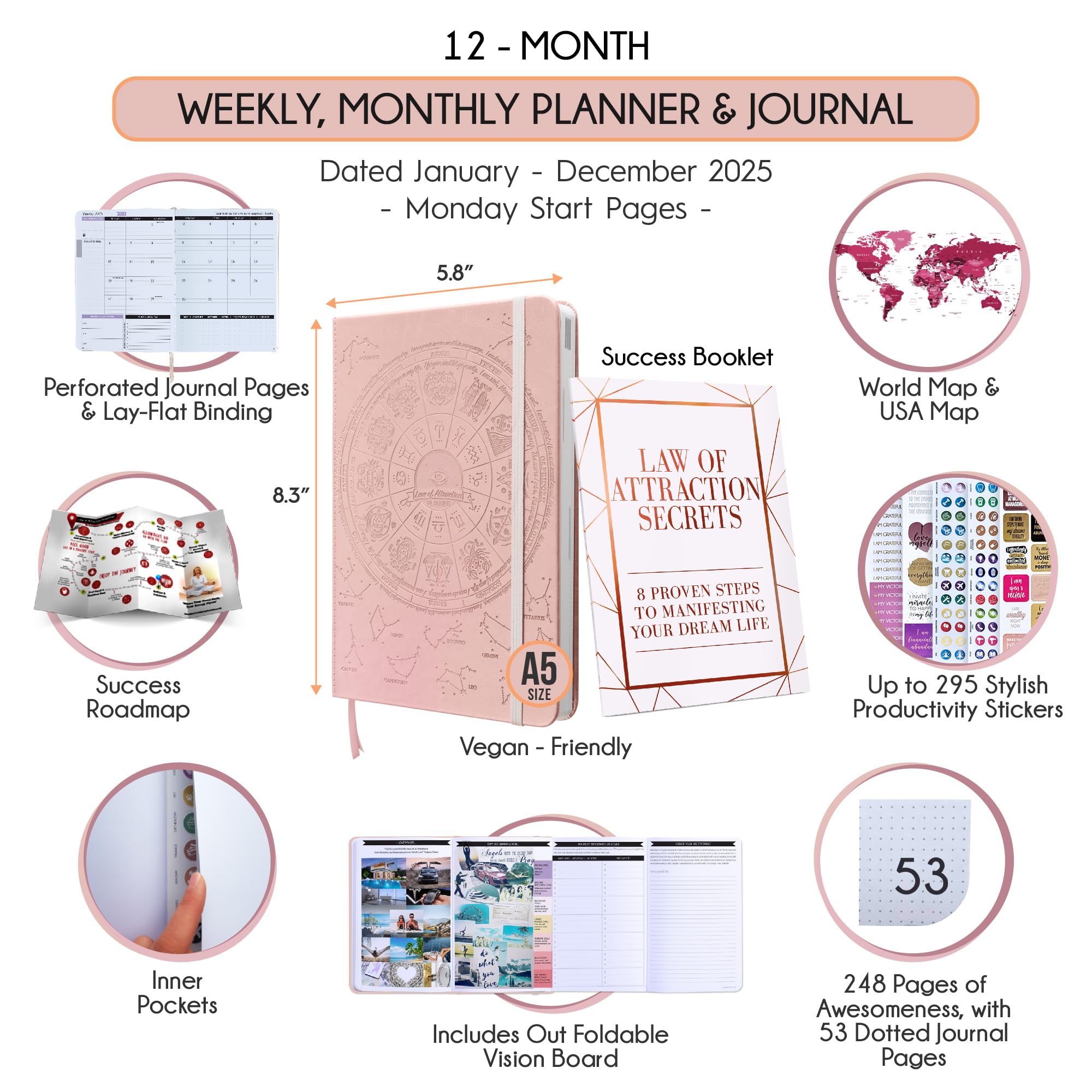 Law of Attraction Planner 2025 - Hourly Weekly Monthly Goal Setting Organizer | 12 Month Productivity Planner with Gratitude Journal, Vision Board, Stickers & Gift Box | Perfect for Manifestation, Self-Improvement & Daily Planning
