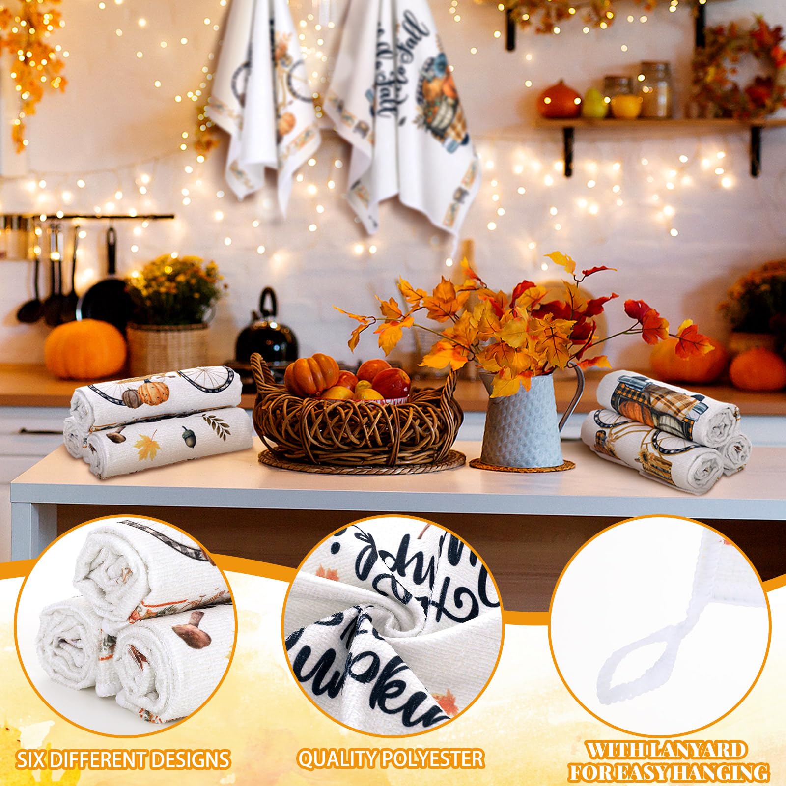 6-Piece Happy Fall Kitchen Towel Set - Thanksgiving Pumpkin & Autumn Harvest Dish Towels - Farmhouse Cotton Tea Towels with Truck, Gnomes & Bikers Design - Perfect for Farmhouse, Home Kitchen & Fall Decorations
