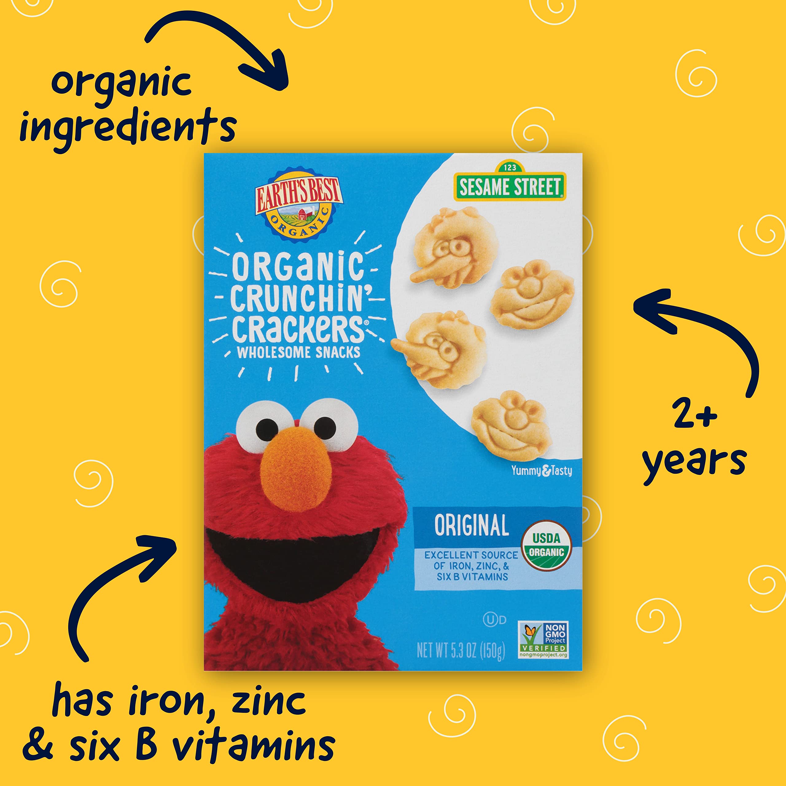 Earth's Best Organic Sesame Street Toddler Snacks - Crunchin' Crackers for Kids 2+ Years | Healthy, Wholesome Snack | Original Flavor, 5.3 oz (Pack of 6) | Perfect for Lunchboxes, Daycare & On-the-Go Snacking